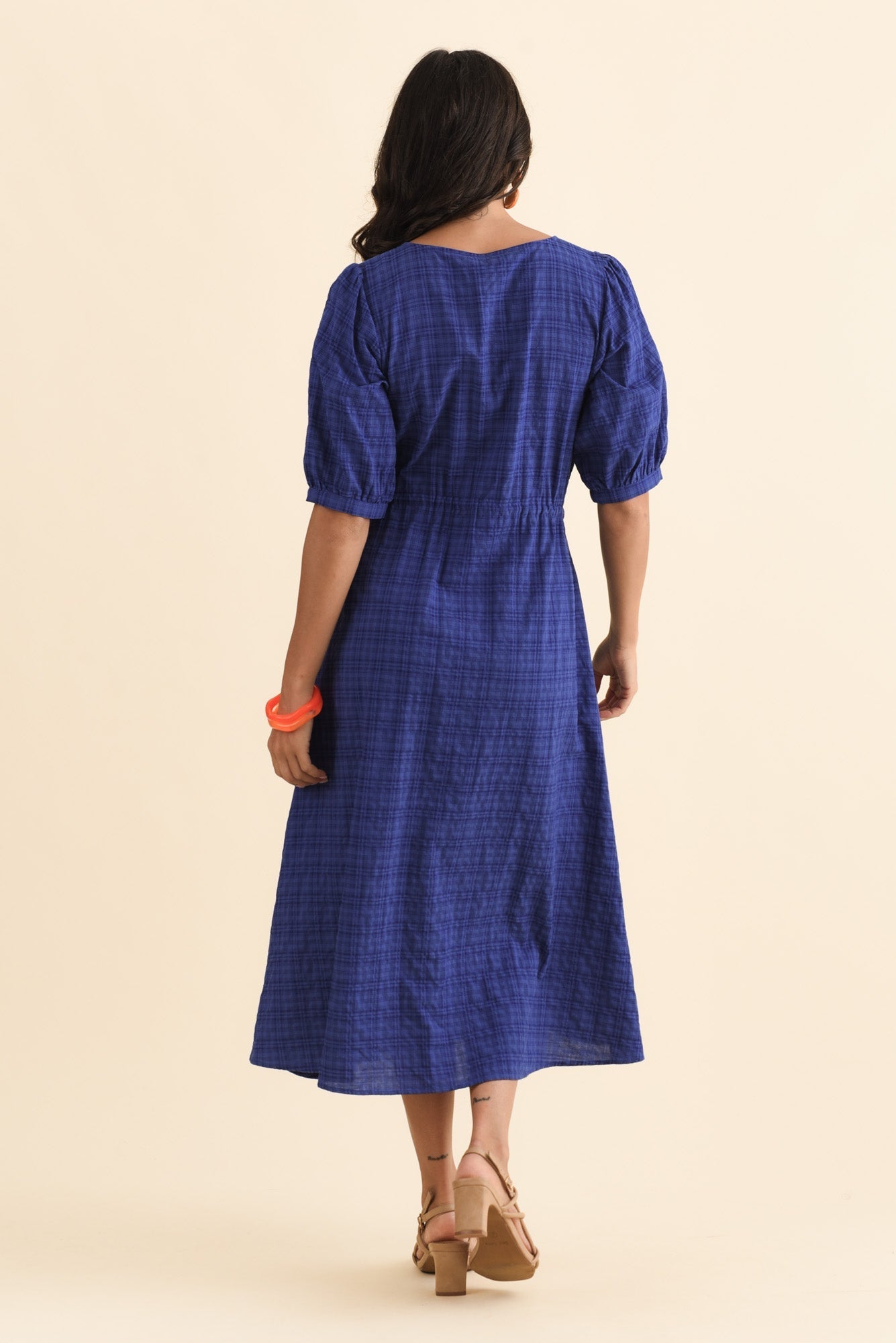 Weslyn Cobalt Check Cotton Blend Dress