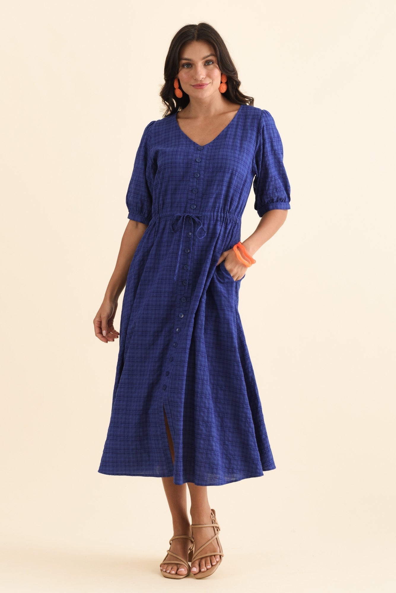 Weslyn Cobalt Check Cotton Blend Dress