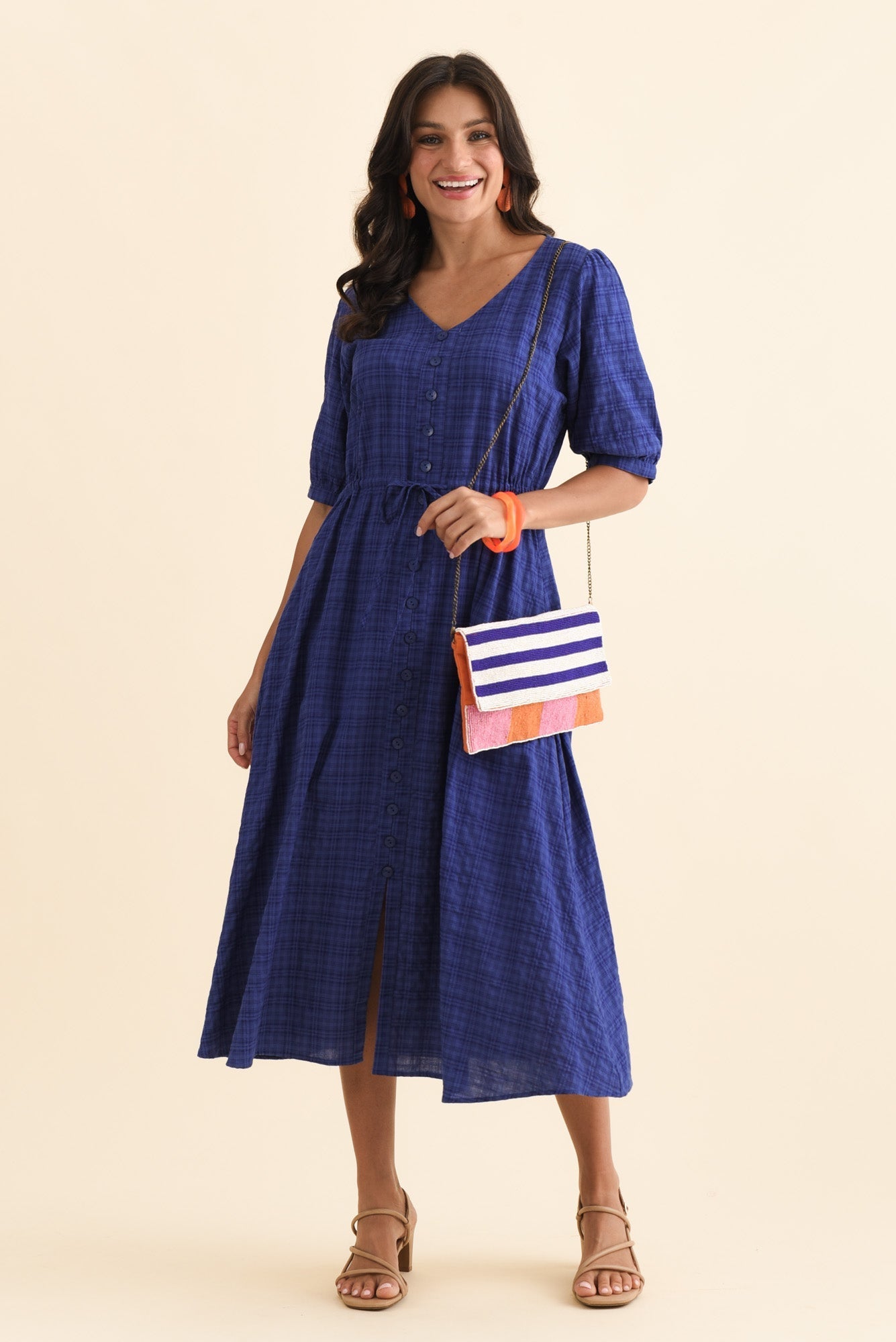 Weslyn Cobalt Check Cotton Blend Dress