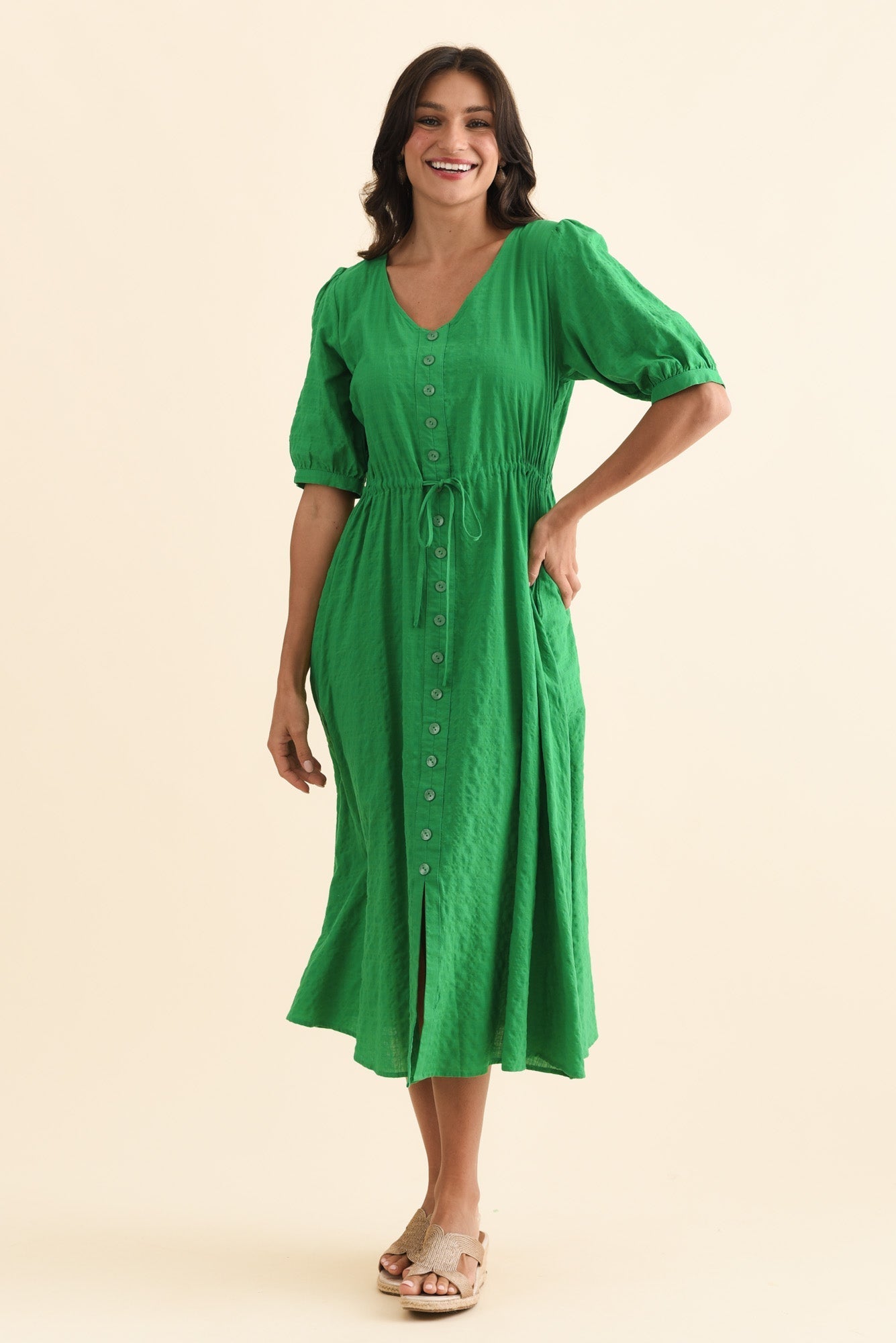 Weslyn Green Check Cotton Blend Dress