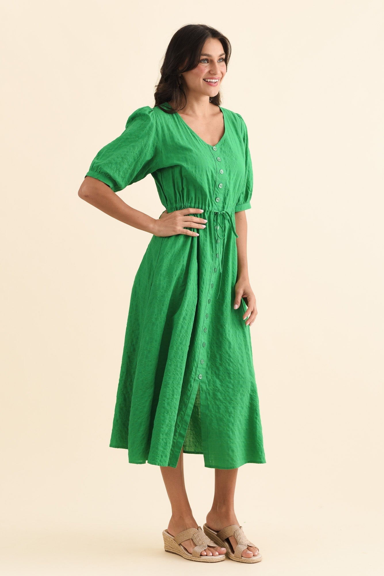 Weslyn Green Check Cotton Blend Dress