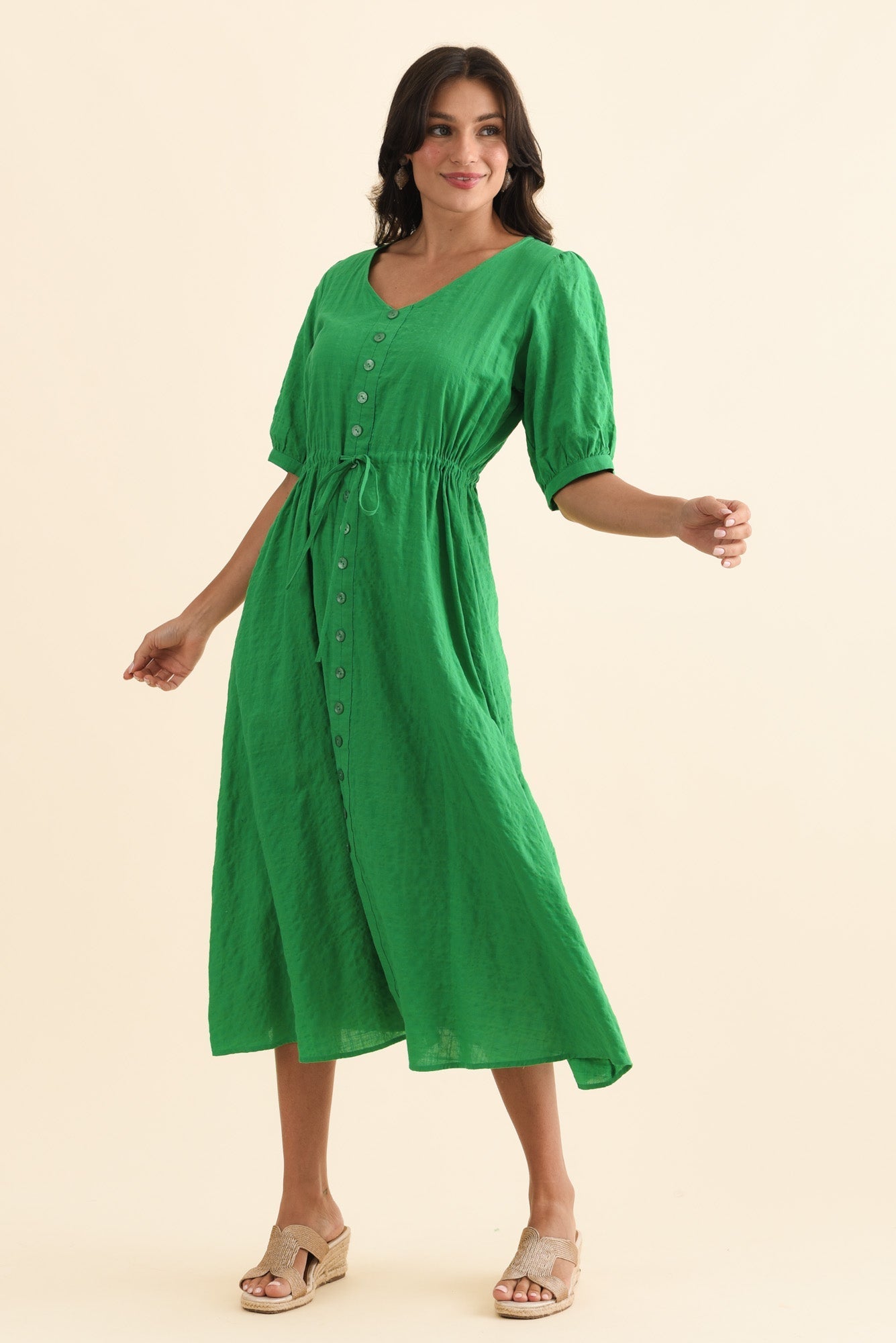 Weslyn Green Check Cotton Blend Dress