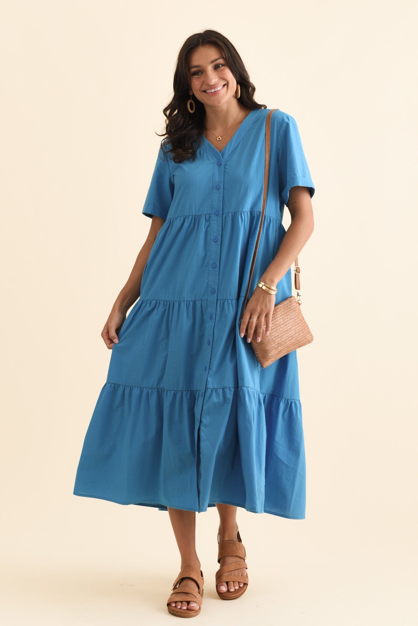 Winona Blue Cotton Button Dress