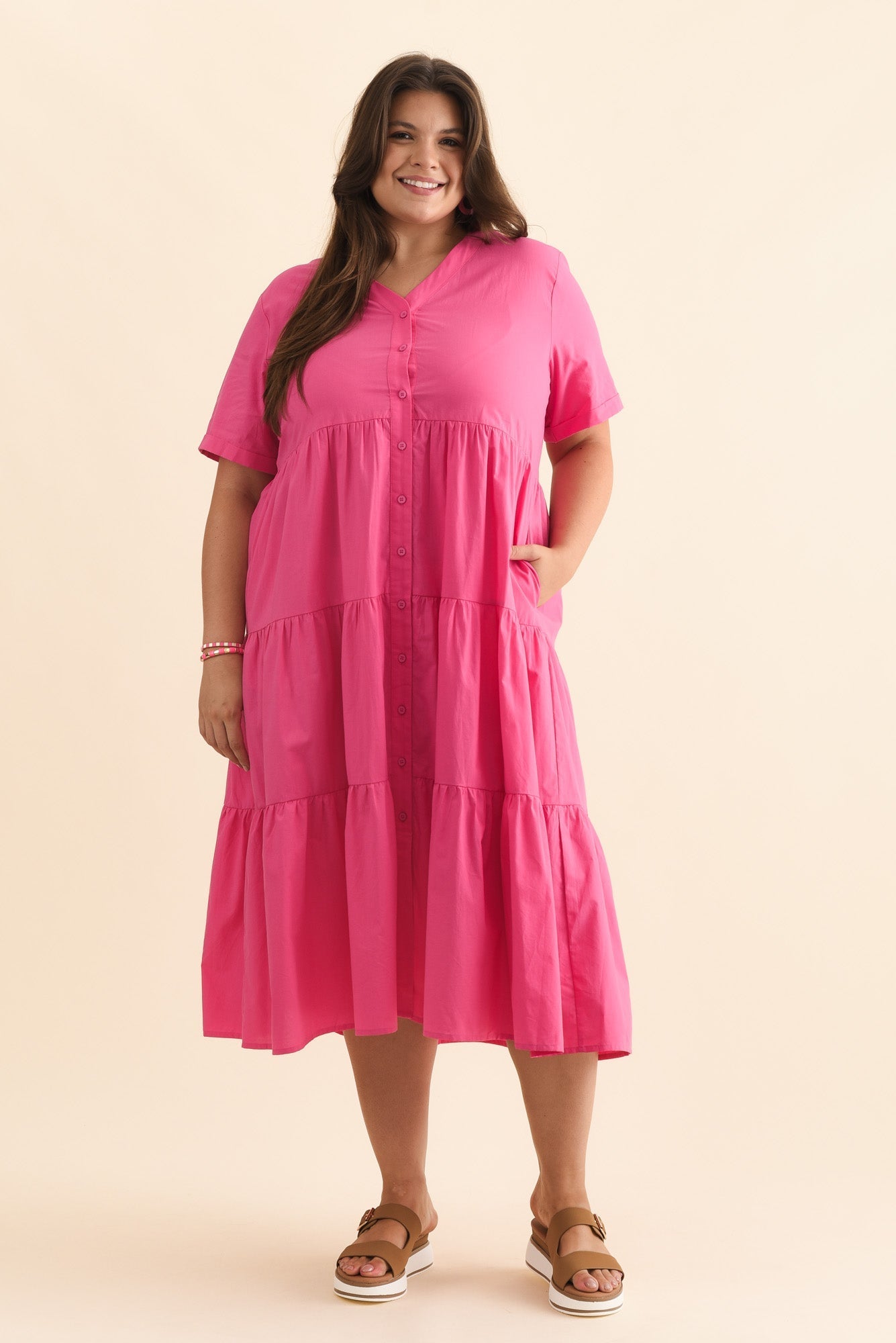 Winona Fuchsia Cotton Button Dress