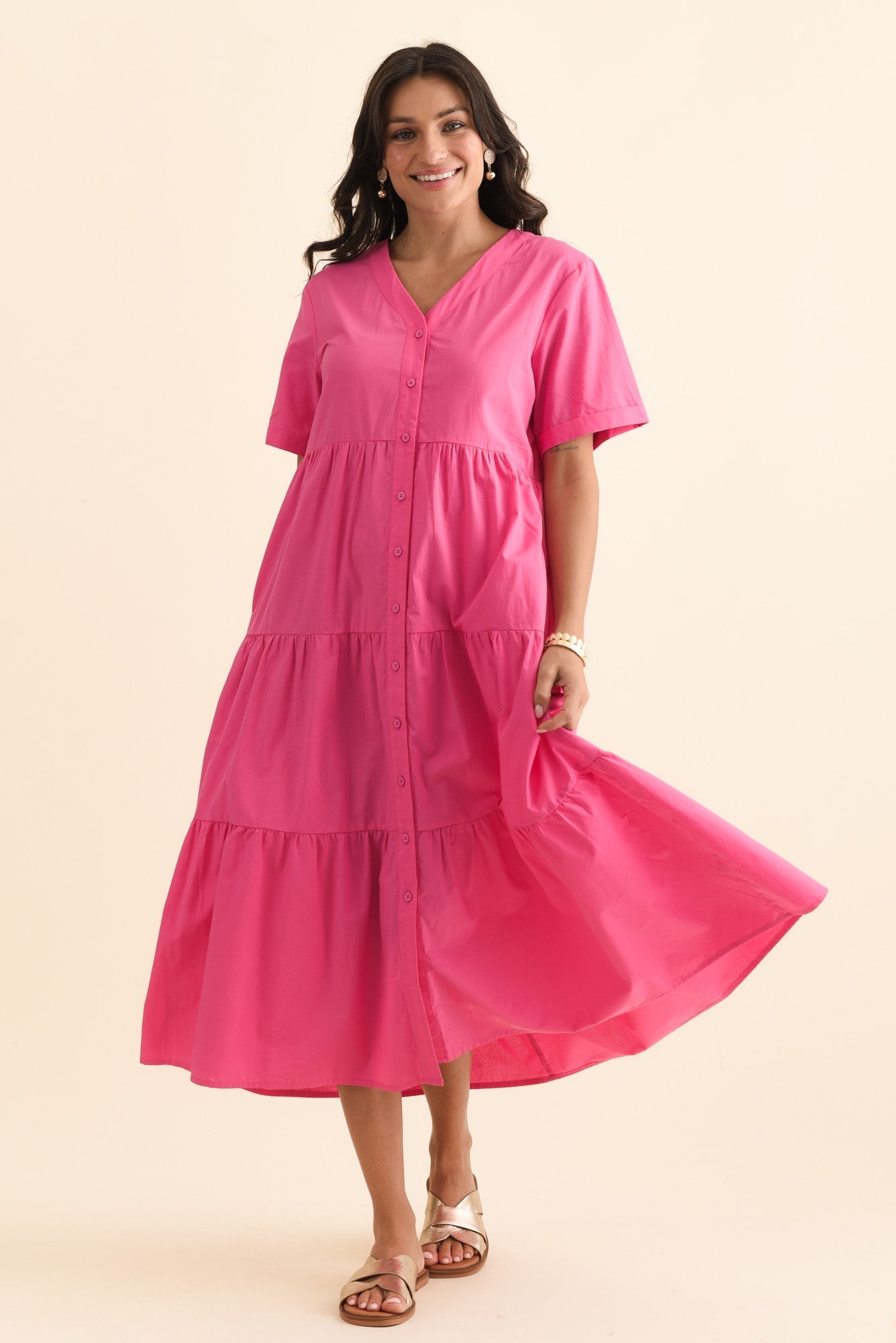 Winona Fuchsia Cotton Button Dress