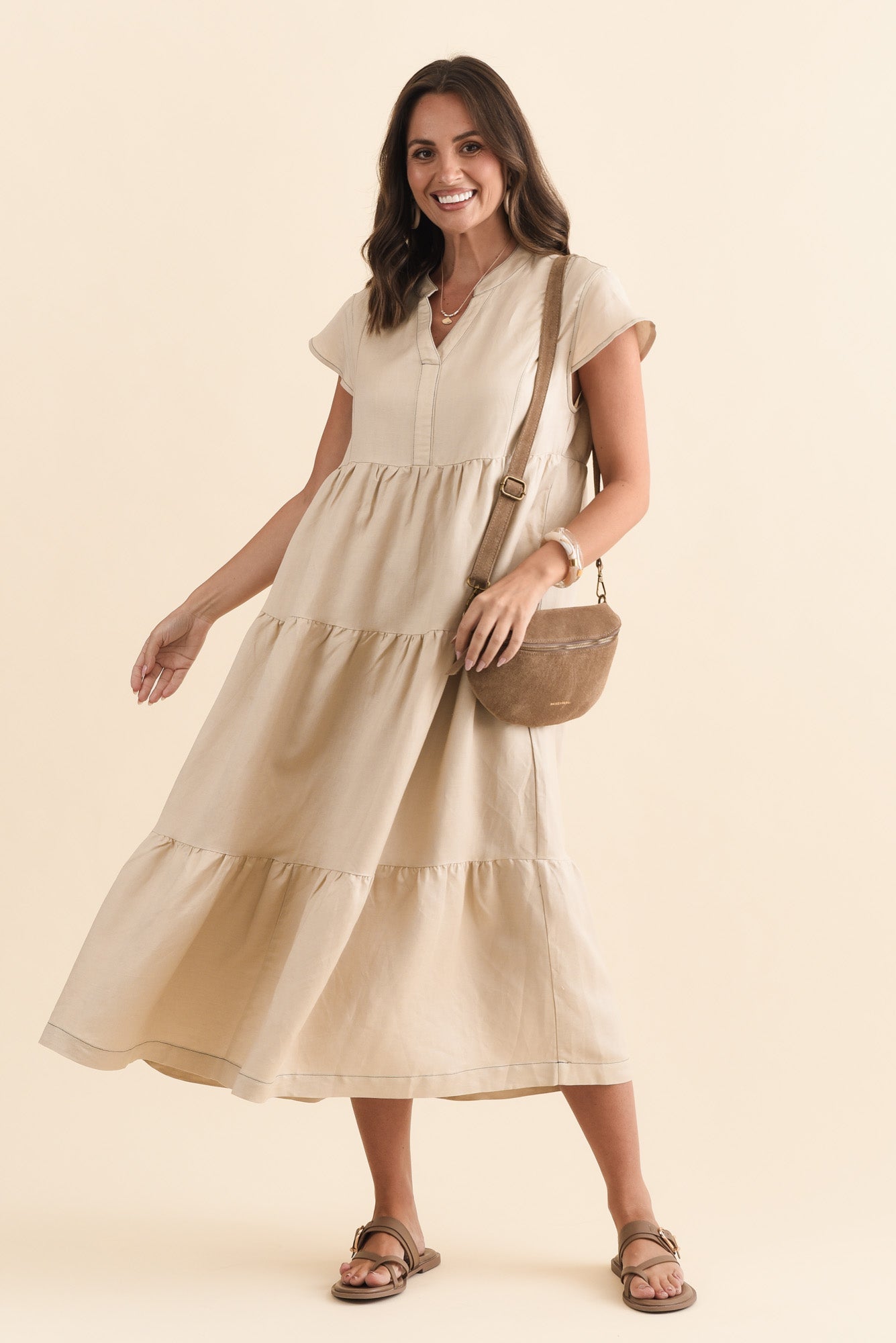 Yvette Natural Contrast Linen Blend Dress