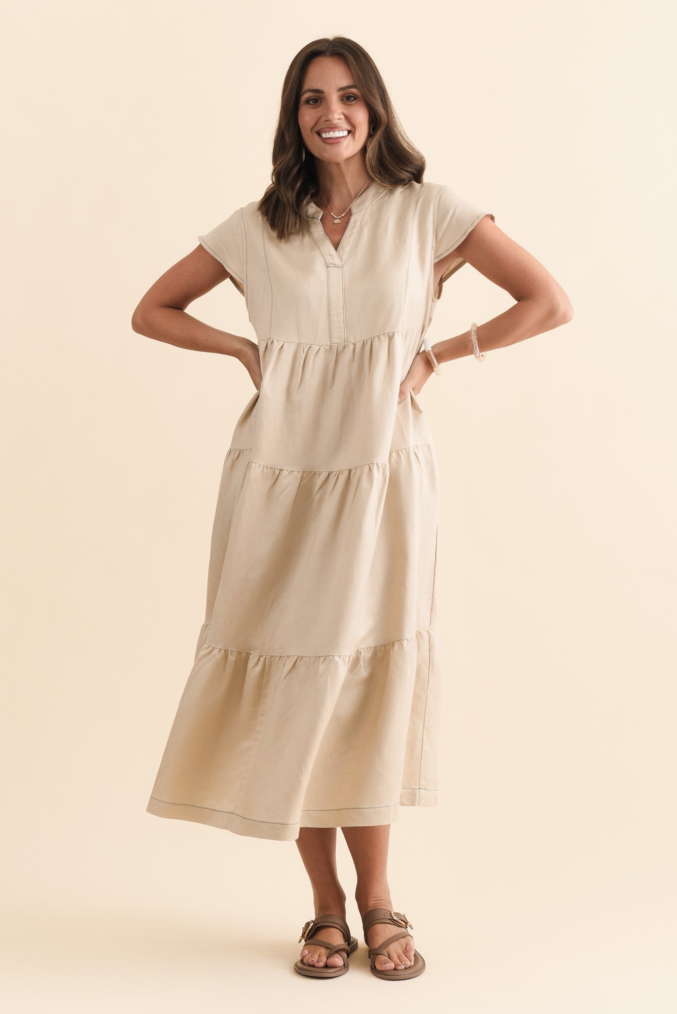 Yvette Natural Contrast Linen Blend Dress