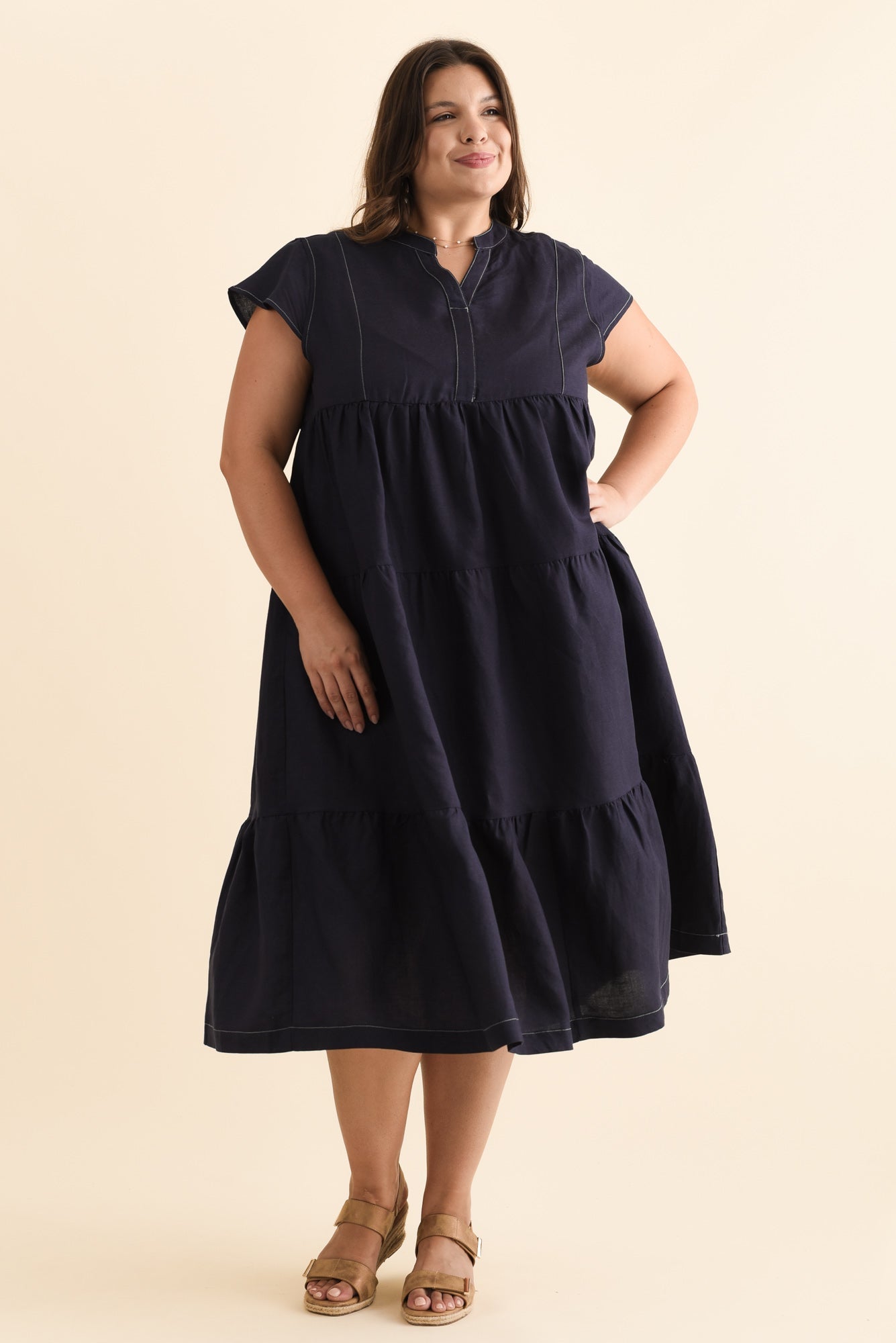 Yvette Navy Contrast Linen Blend Dress