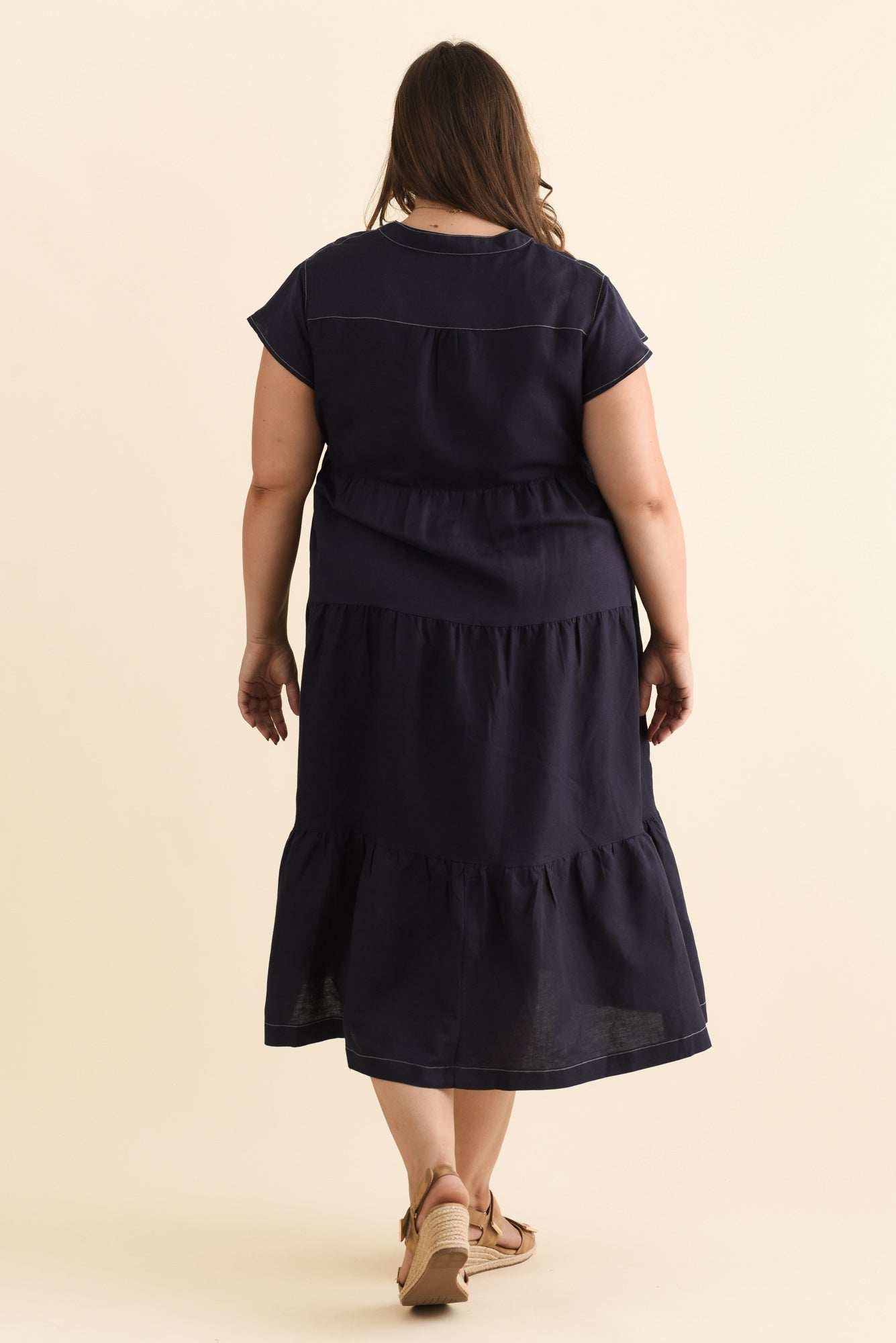 Yvette Navy Contrast Linen Blend Dress