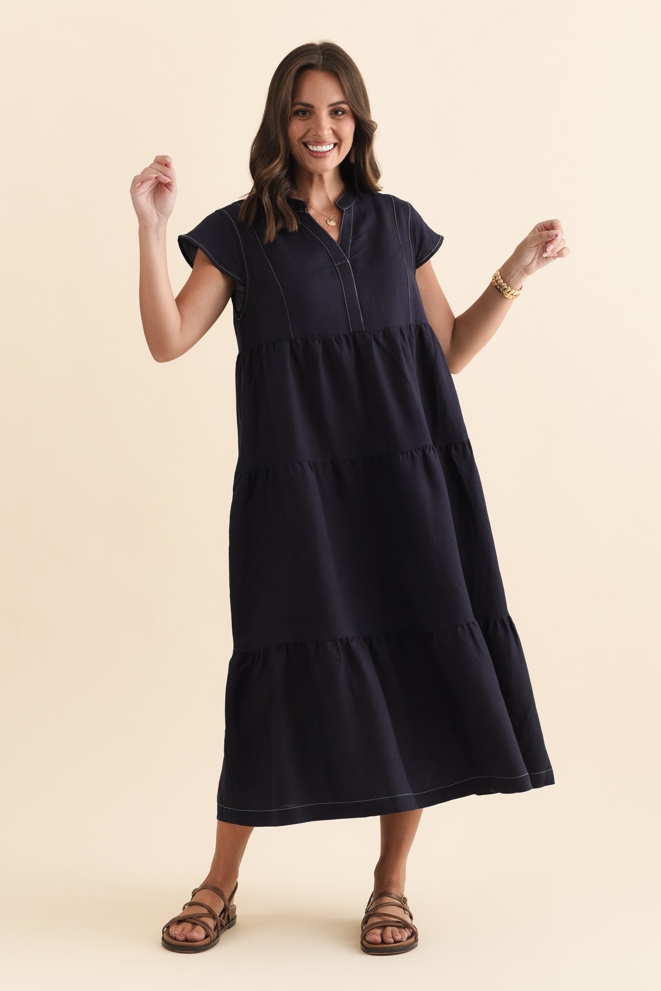Yvette Navy Contrast Linen Blend Dress