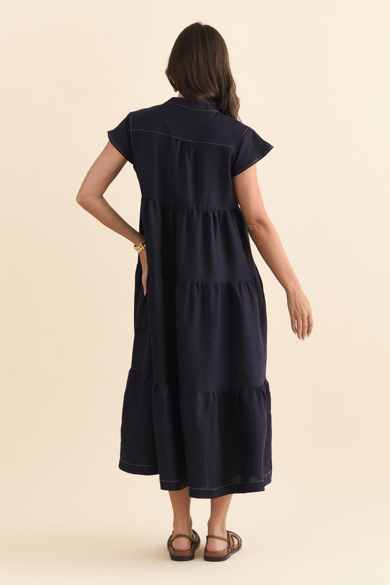 Yvette Navy Contrast Linen Blend Dress