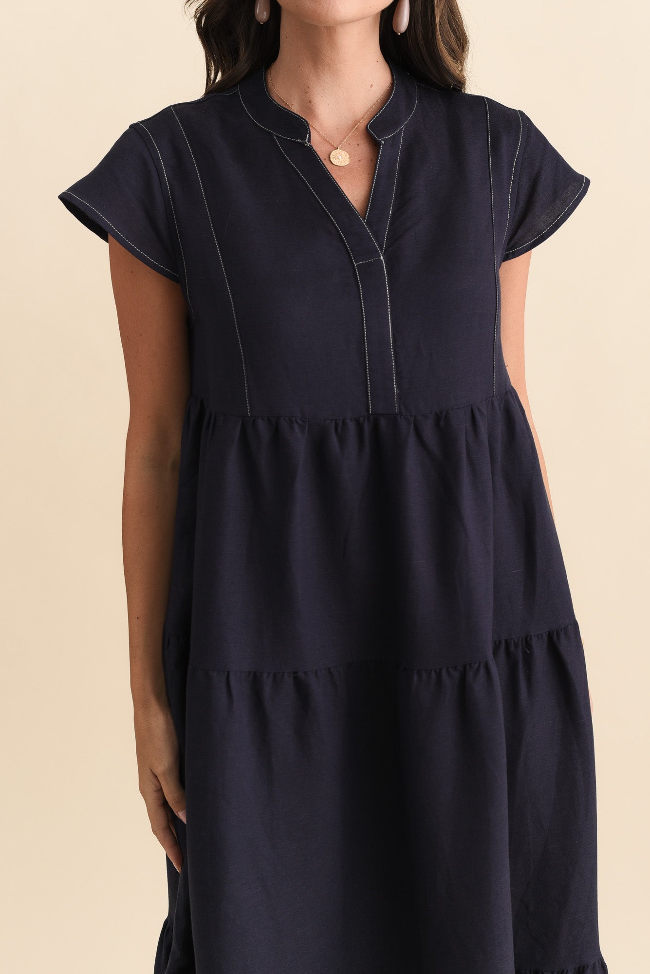 Yvette Navy Contrast Linen Blend Dress