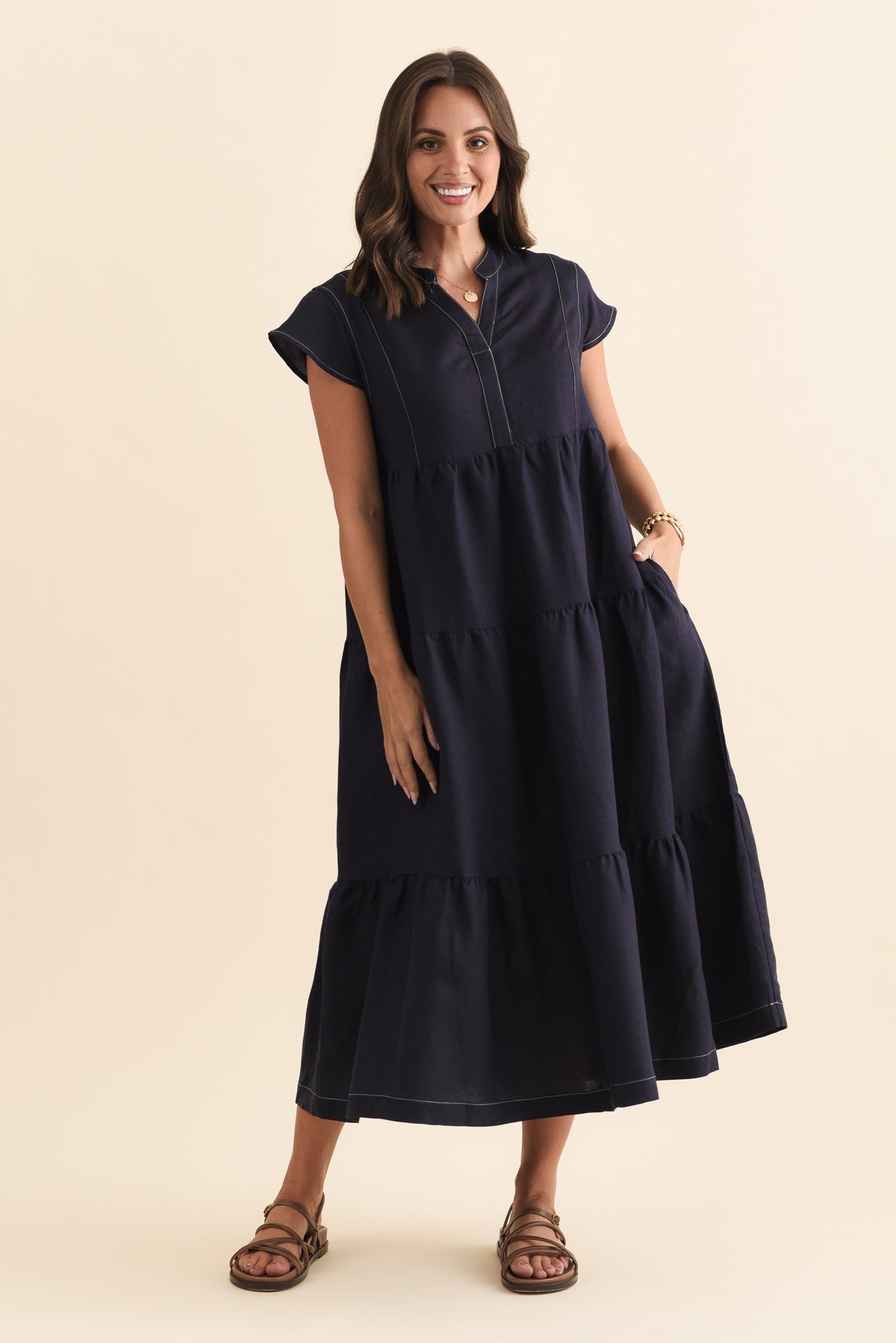 Yvette Navy Contrast Linen Blend Dress