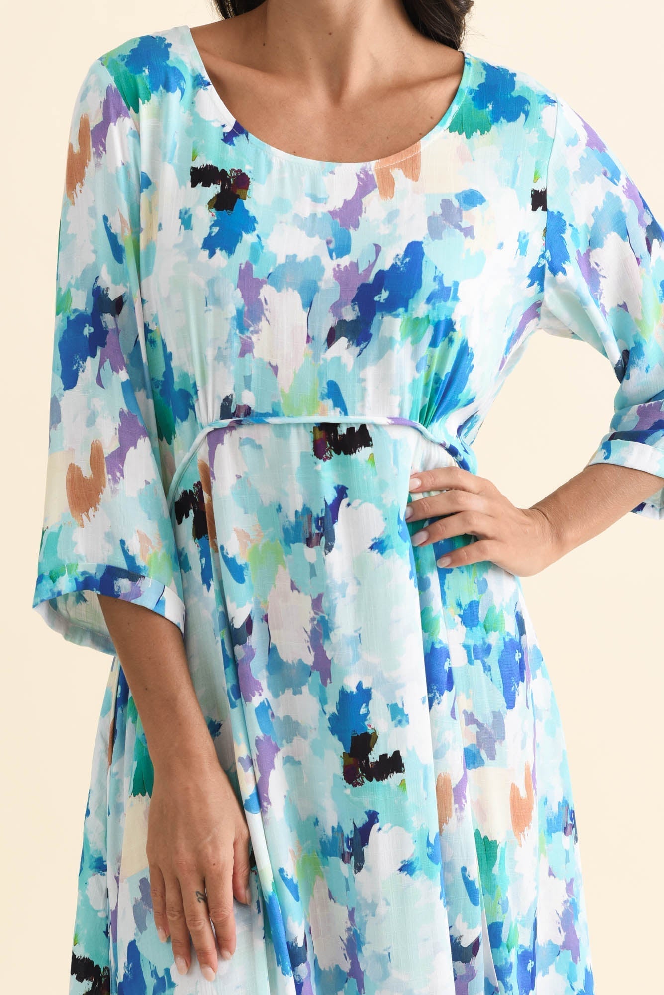 Zaelia Blue Watercolor Sleeved Crescent Dress