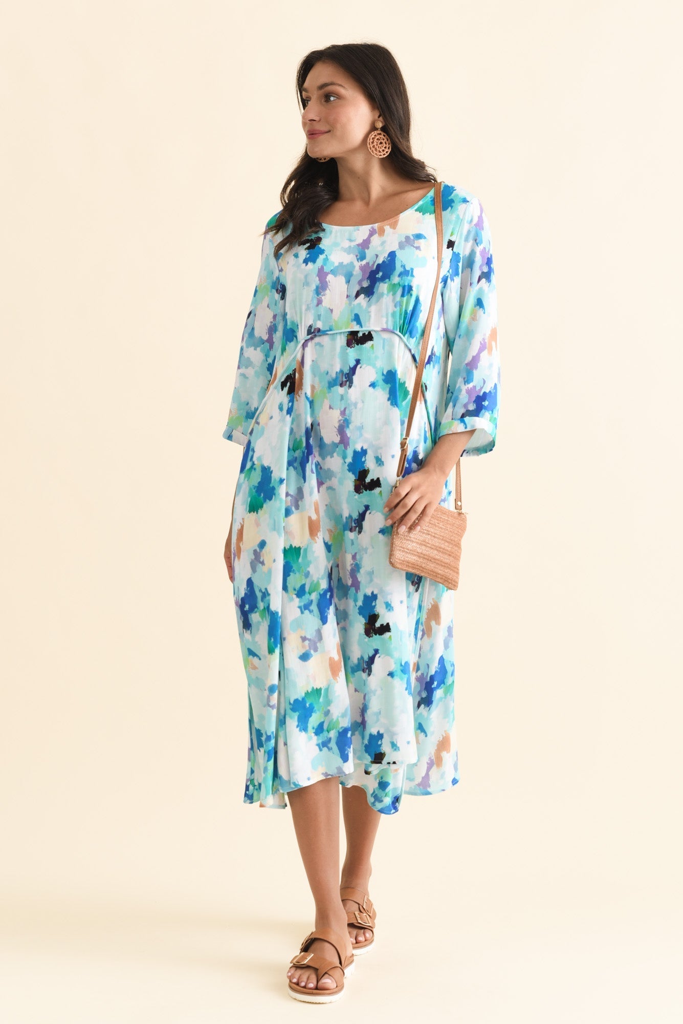 Zaelia Blue Watercolor Sleeved Crescent Dress