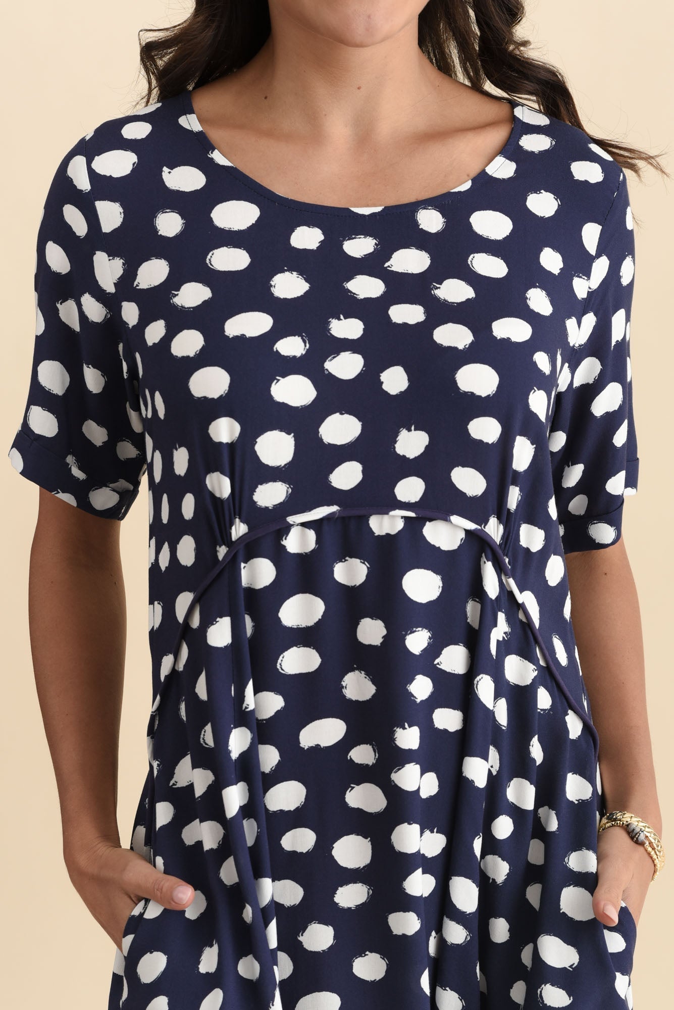 Zaelia Navy Spot Crescent Dress