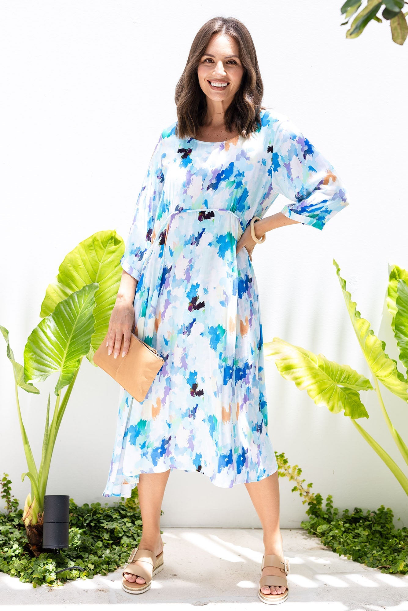 Zaelia Blue Watercolor Sleeved Crescent Dress