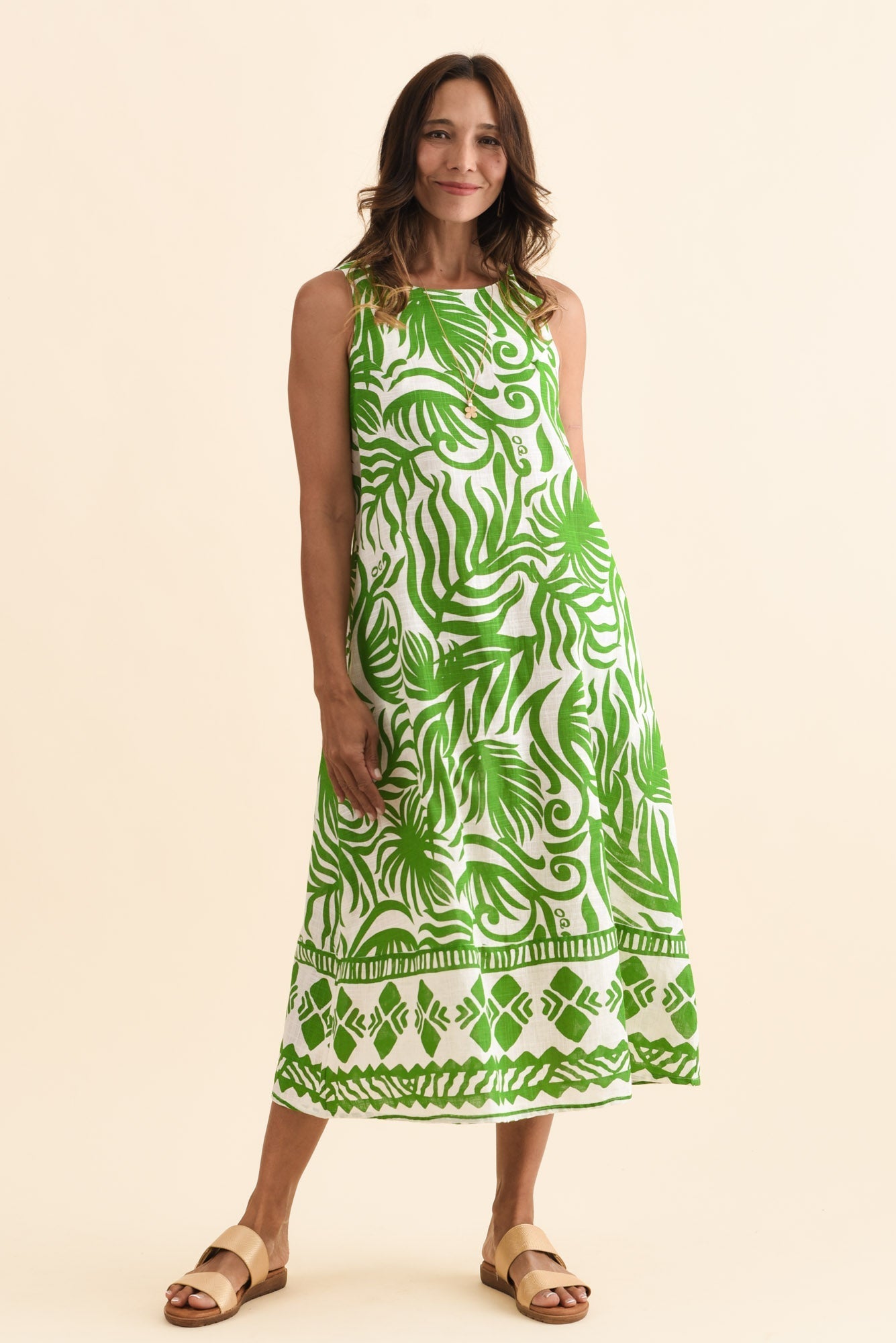 Zeldi Green Leaf Cotton Midi Dress
