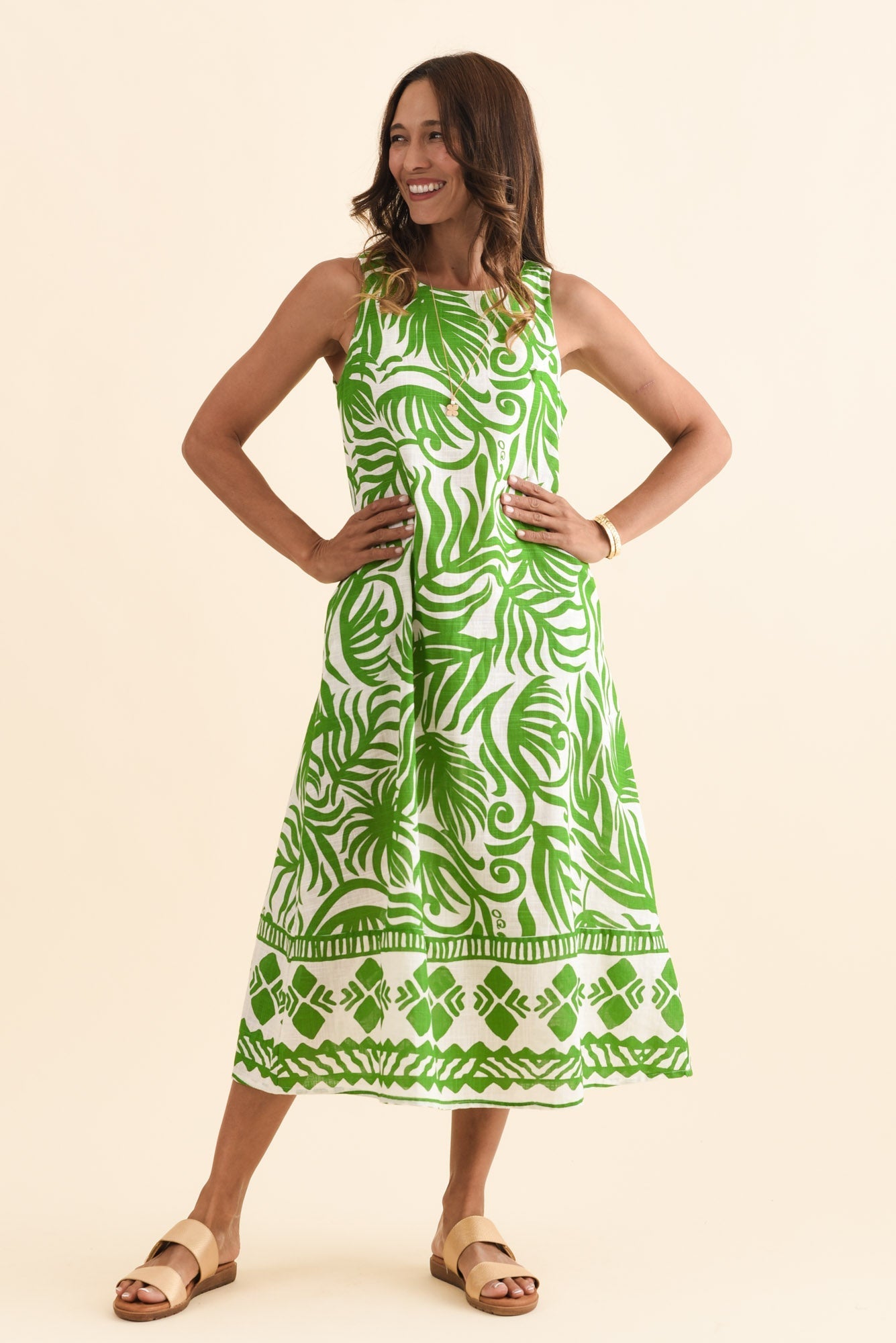 Zeldi Green Leaf Cotton Midi Dress