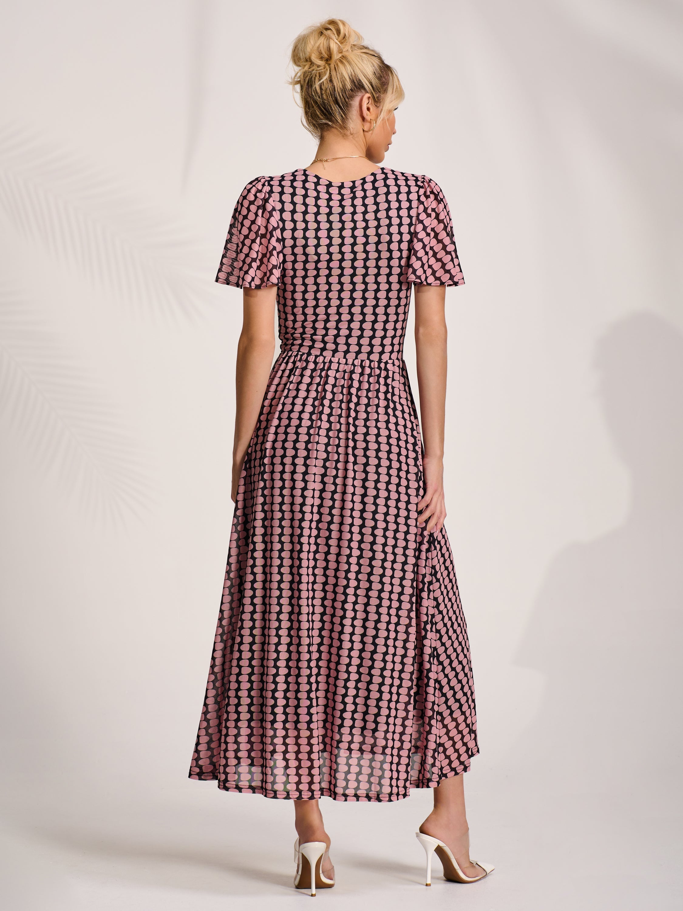 Mesh Short Sleeve Midaxi Dress PINK GEO Back View