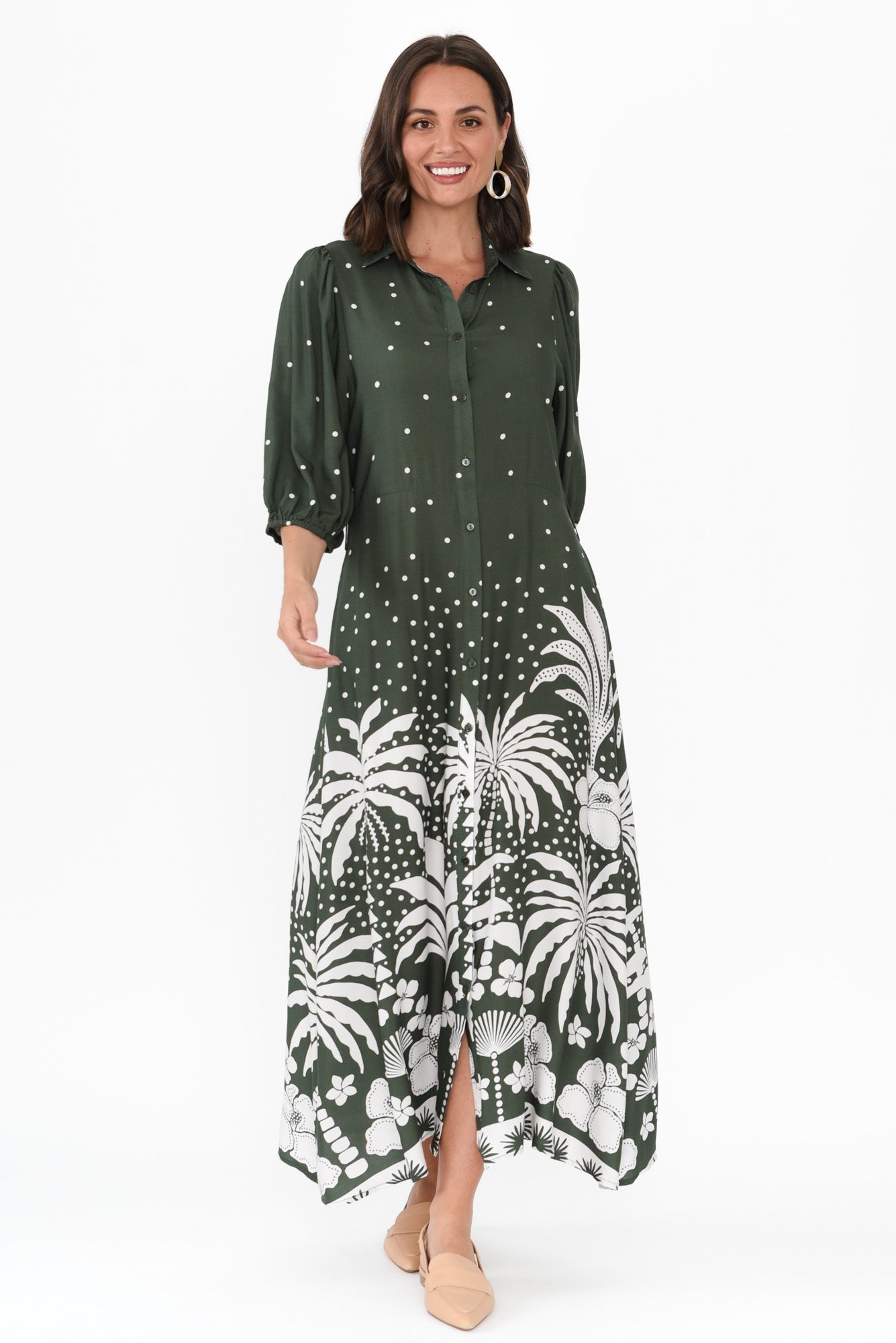 Alivia Khaki Tropical Shirt Dress