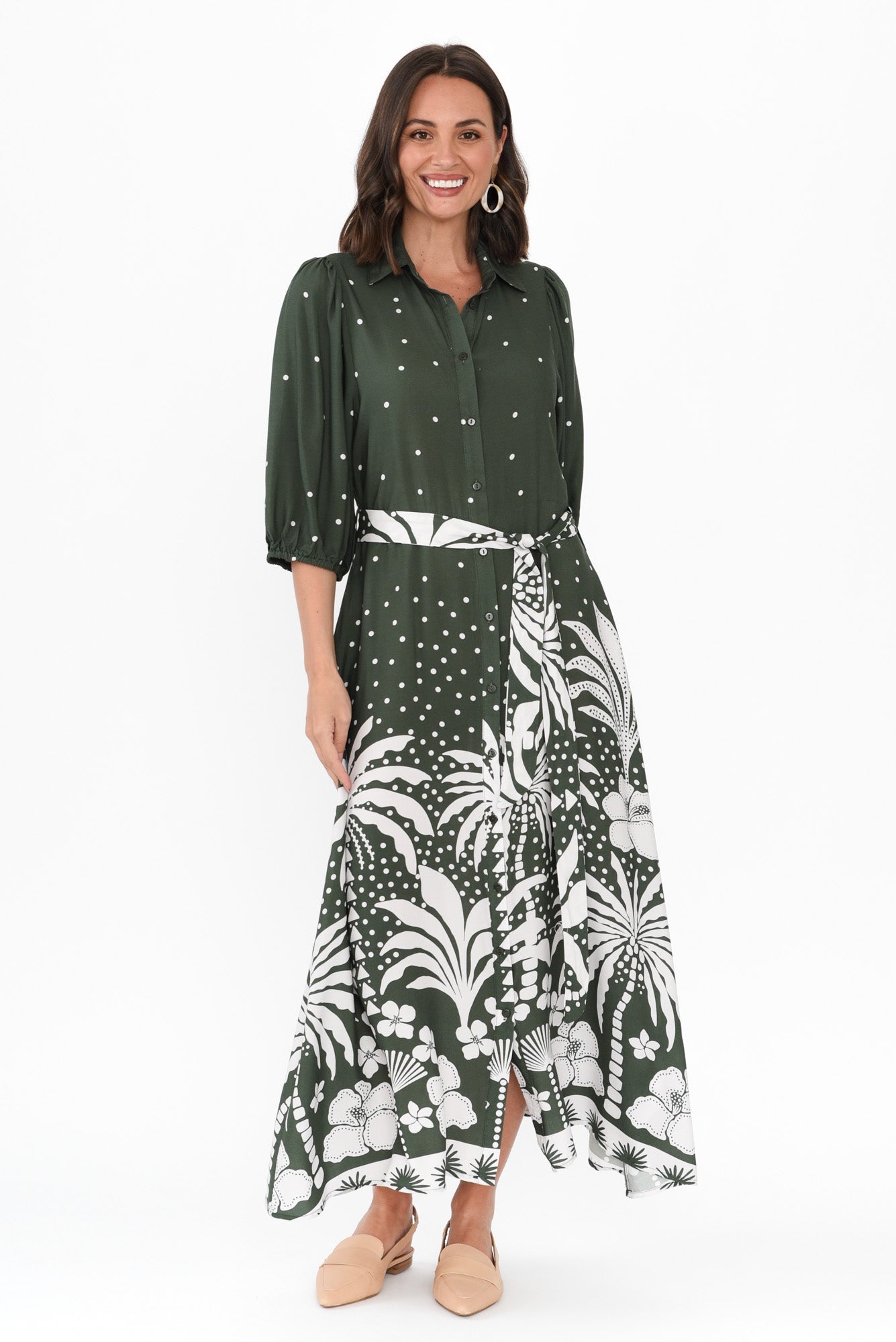 Alivia Khaki Tropical Shirt Dress