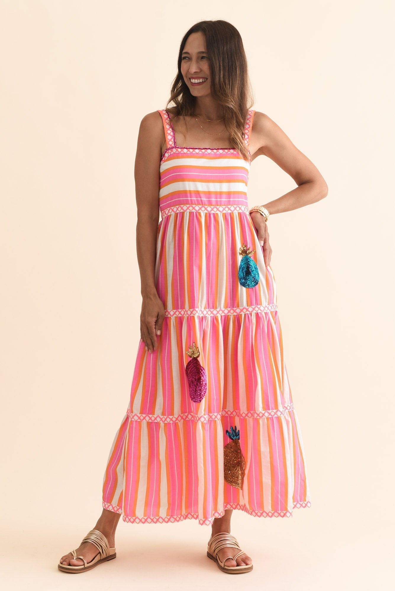 Alix Pink Stripe Cotton Tier Dress