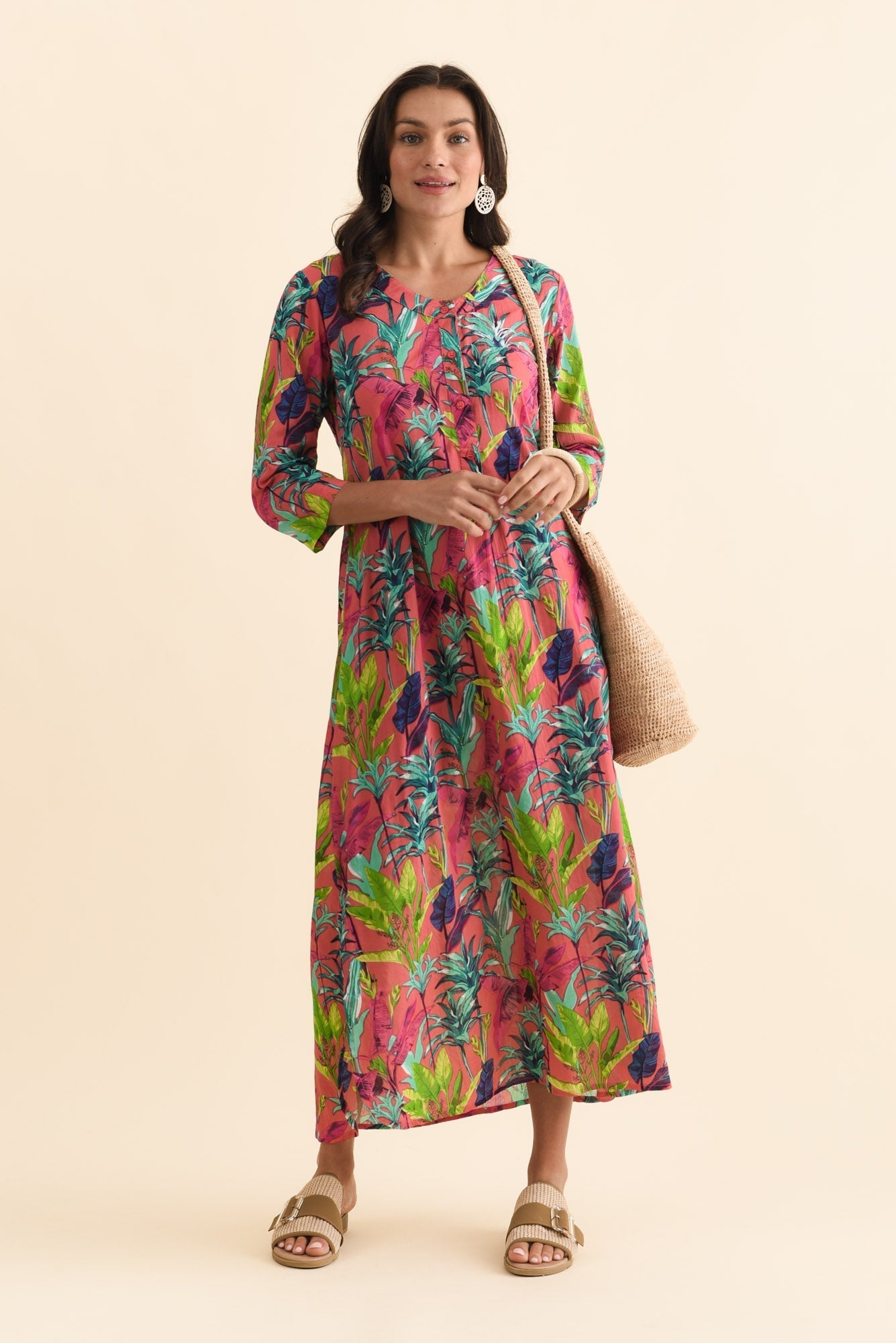 Apia Pink Tropical Cotton Maxi Dress