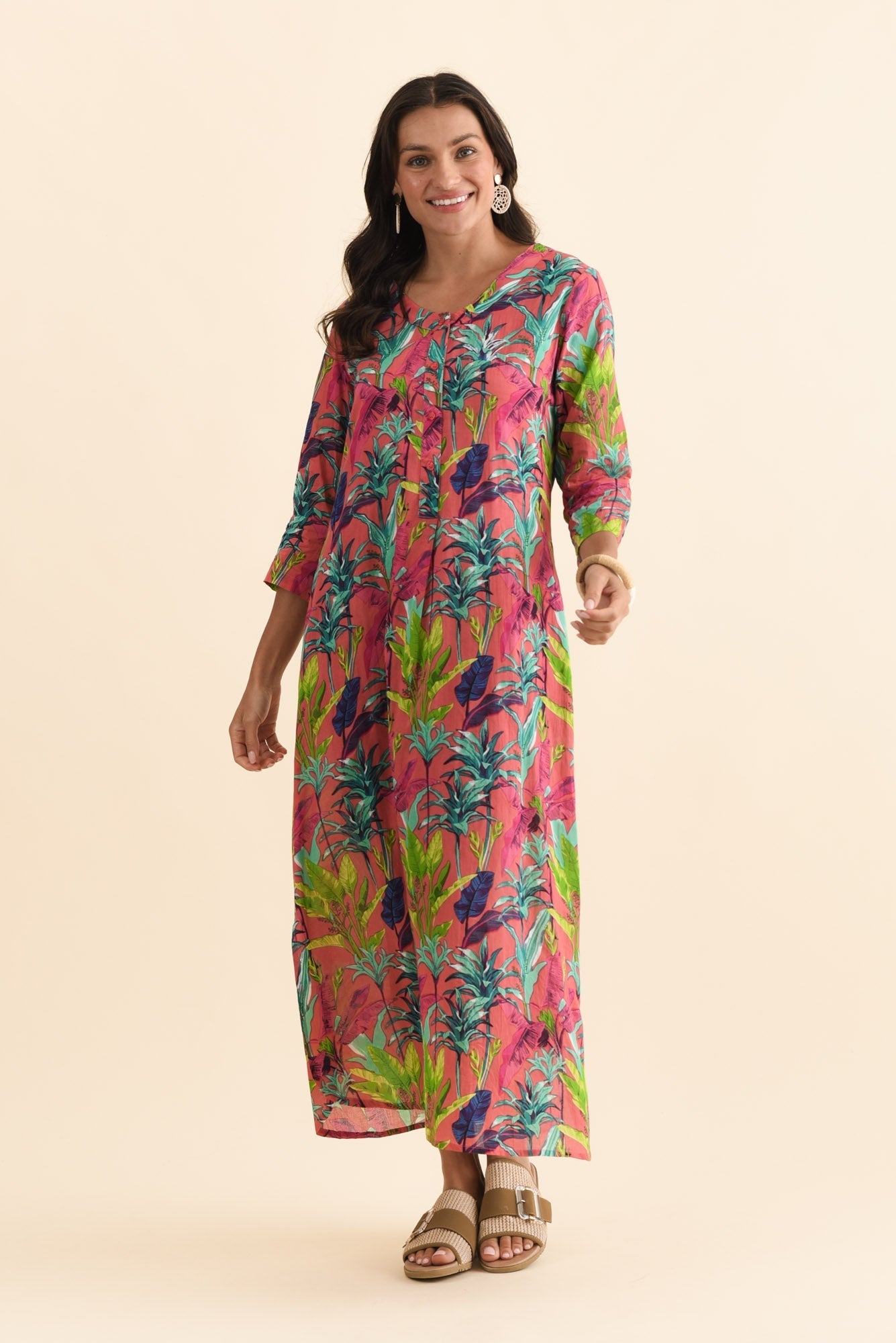 Apia Pink Tropical Cotton Maxi Dress