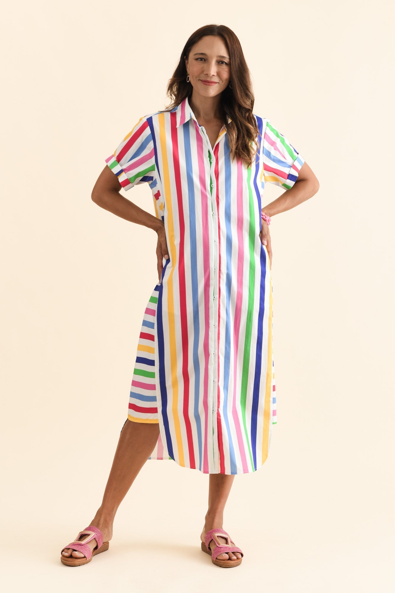 Ashley White Stripe Cotton Shirt Dress