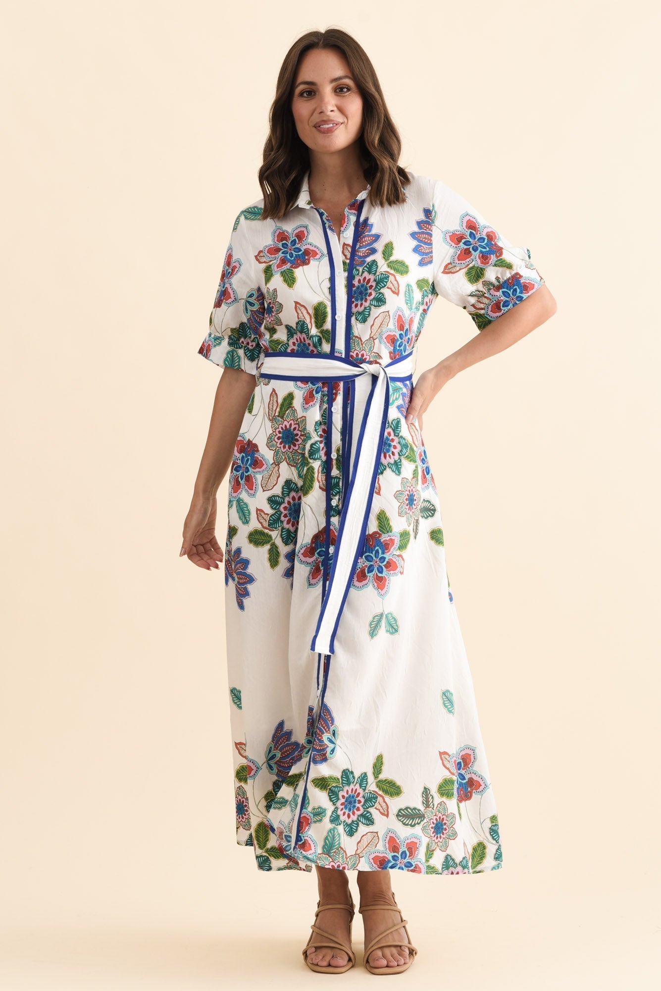 Athens White Floral Linen Cotton Dress