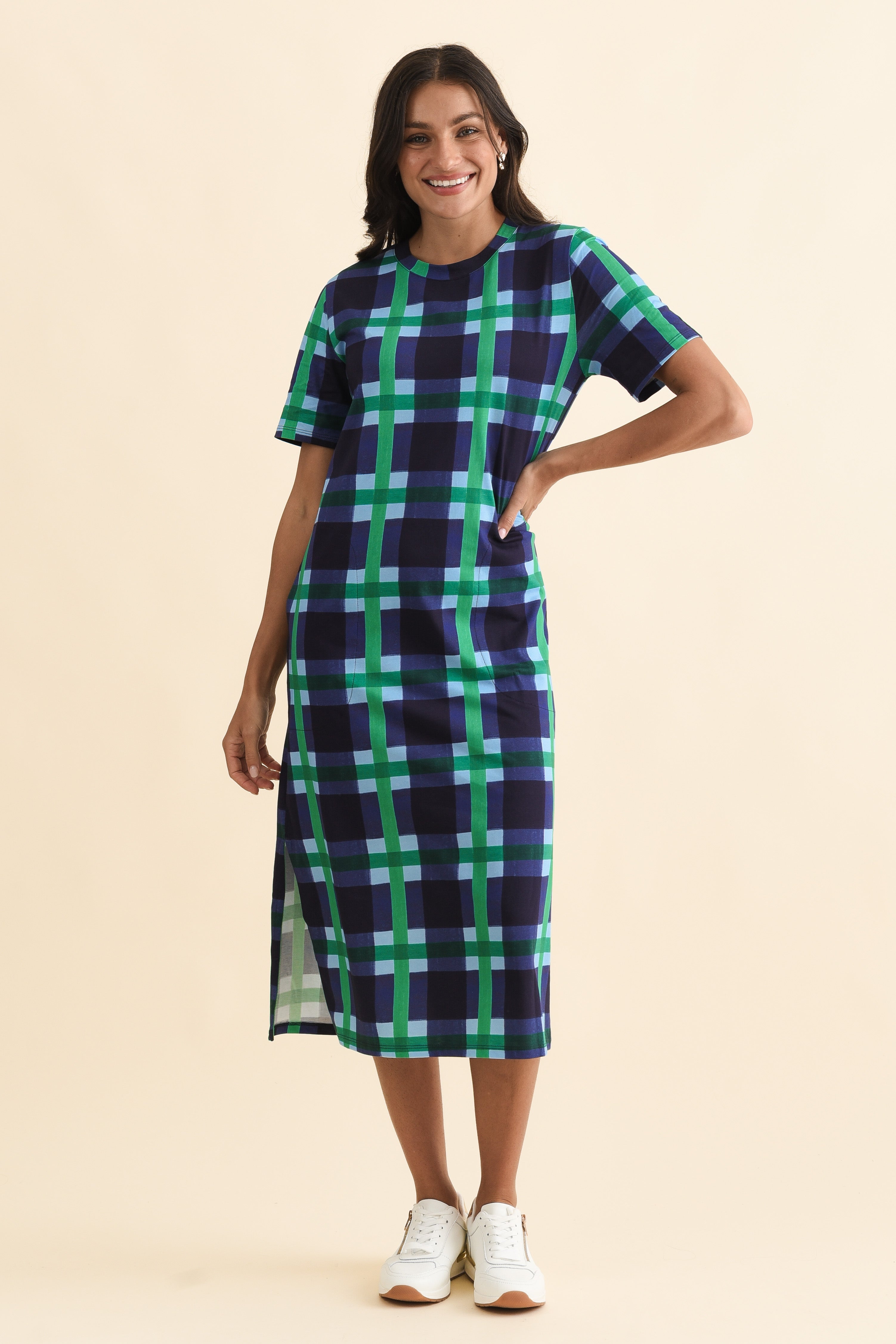 Bari Navy Check Cotton Tee Dress
