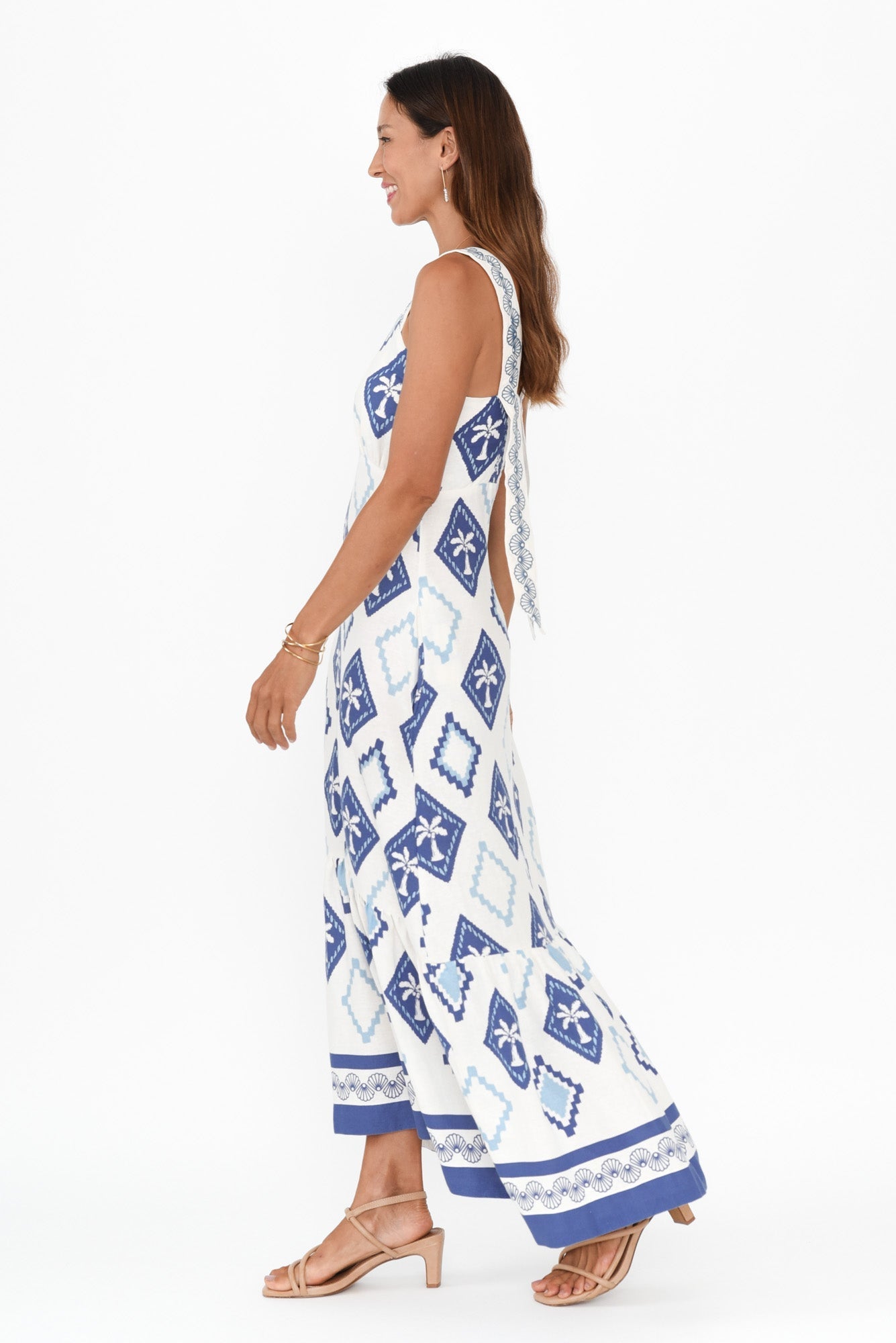 Bateau Blue Palm Linen Dress Back View