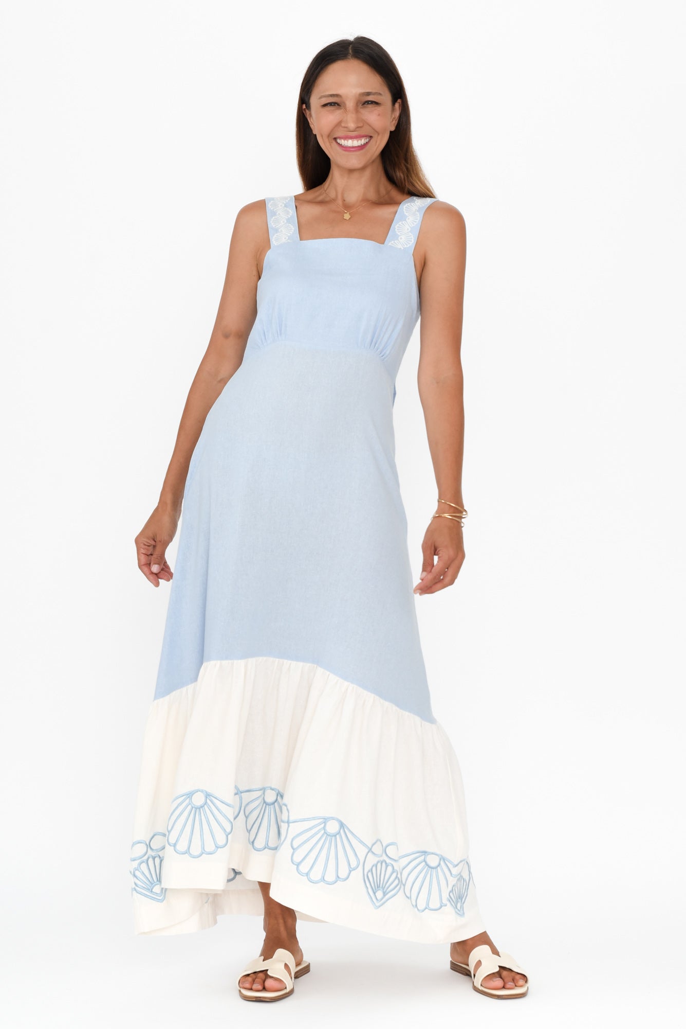 Bateau Blue Seashell Linen Dress Full Length View