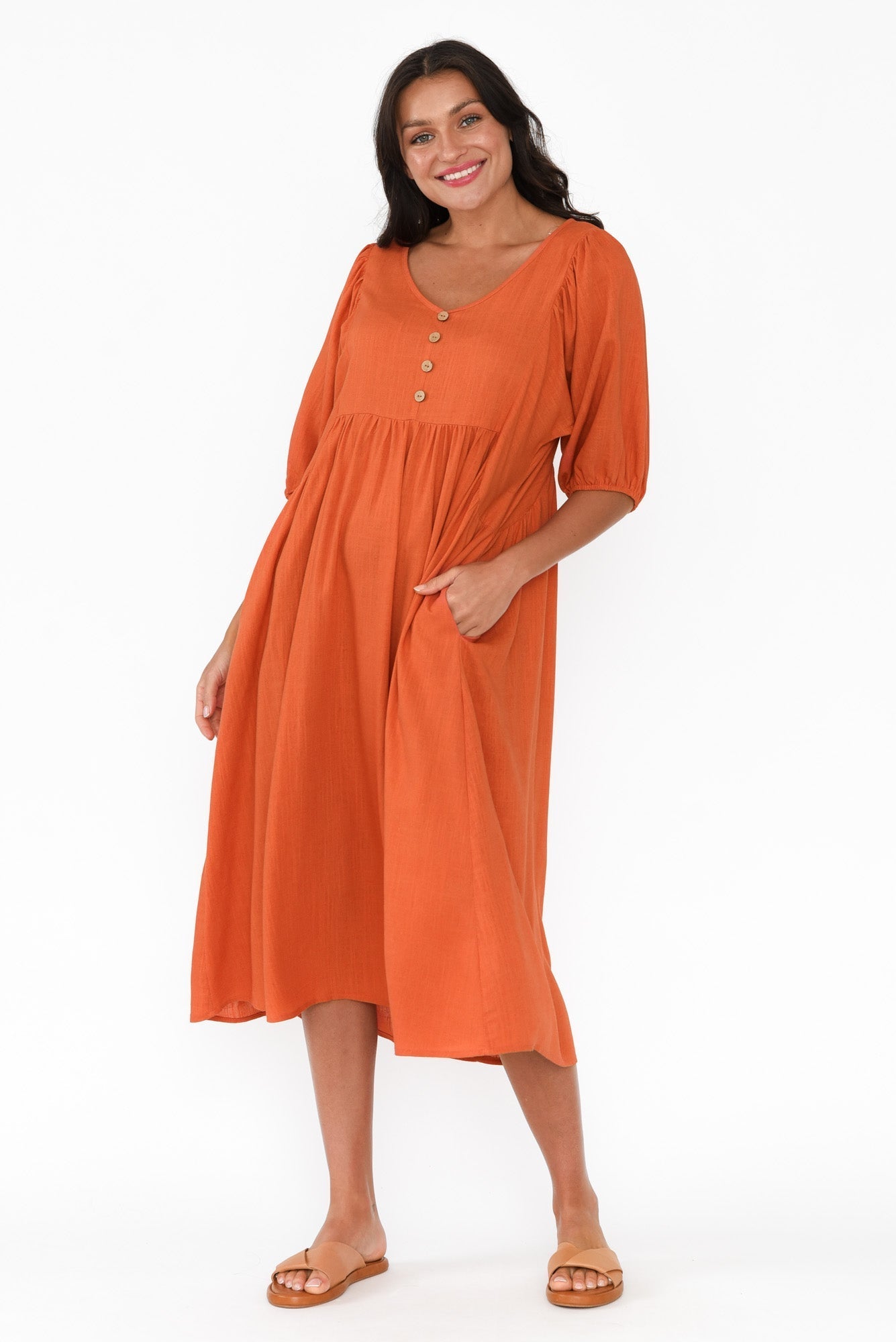 Bethany Orange Pocket Midi Dress