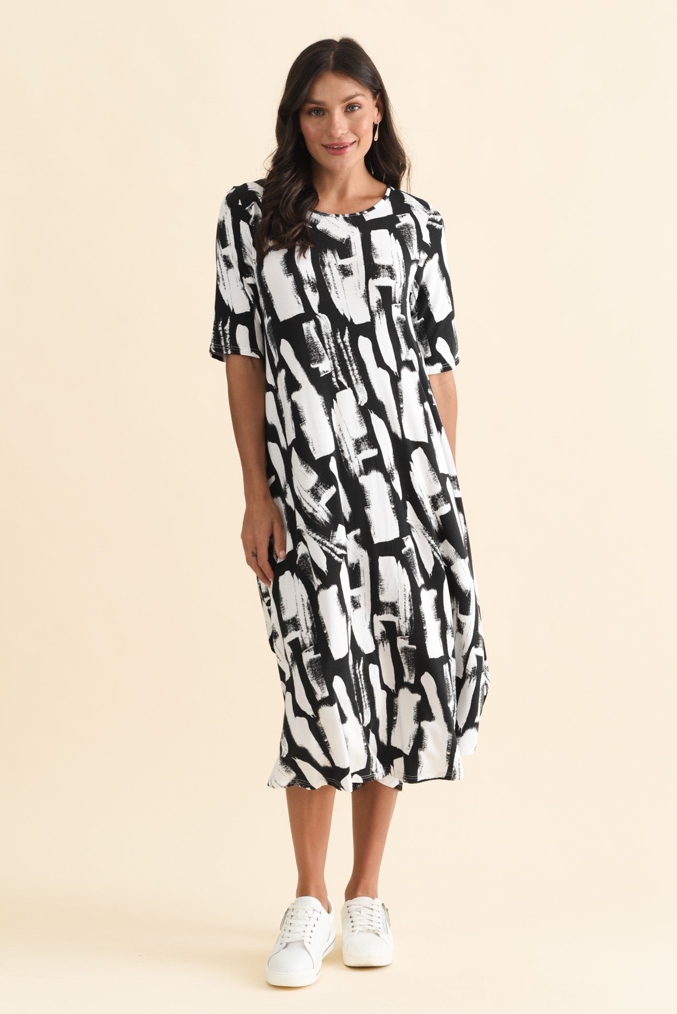 Black Brush Stroke Micro Modal Tri Drape Dress