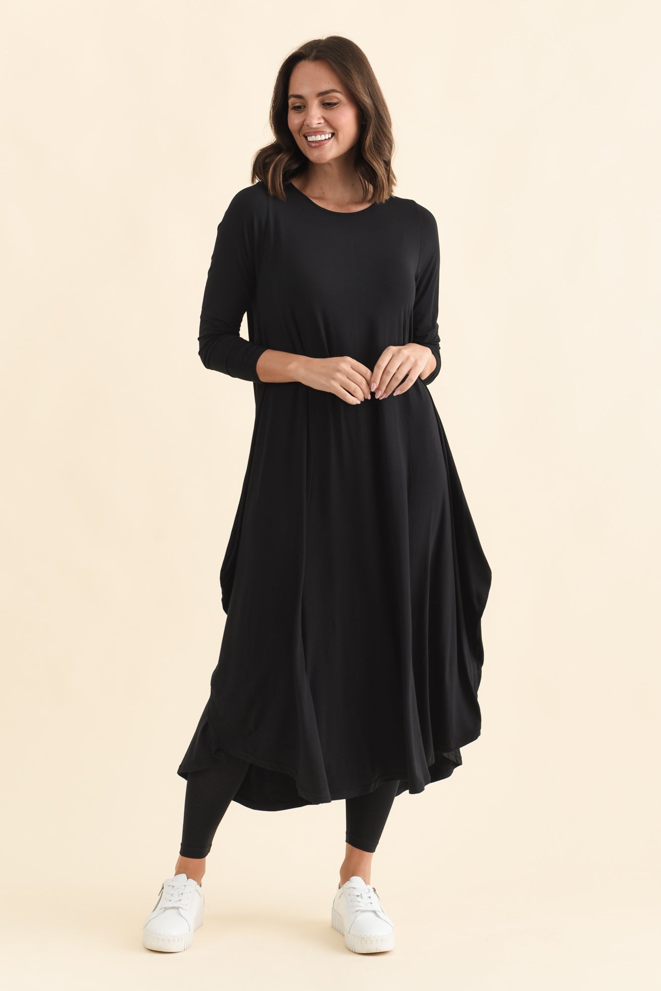 Black Long Sleeved Micro Modal Drape Dress