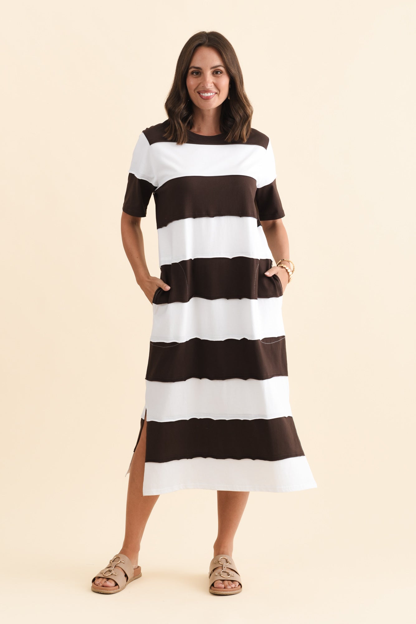 Bold Dark Brown Stripe Cotton Tee Dress