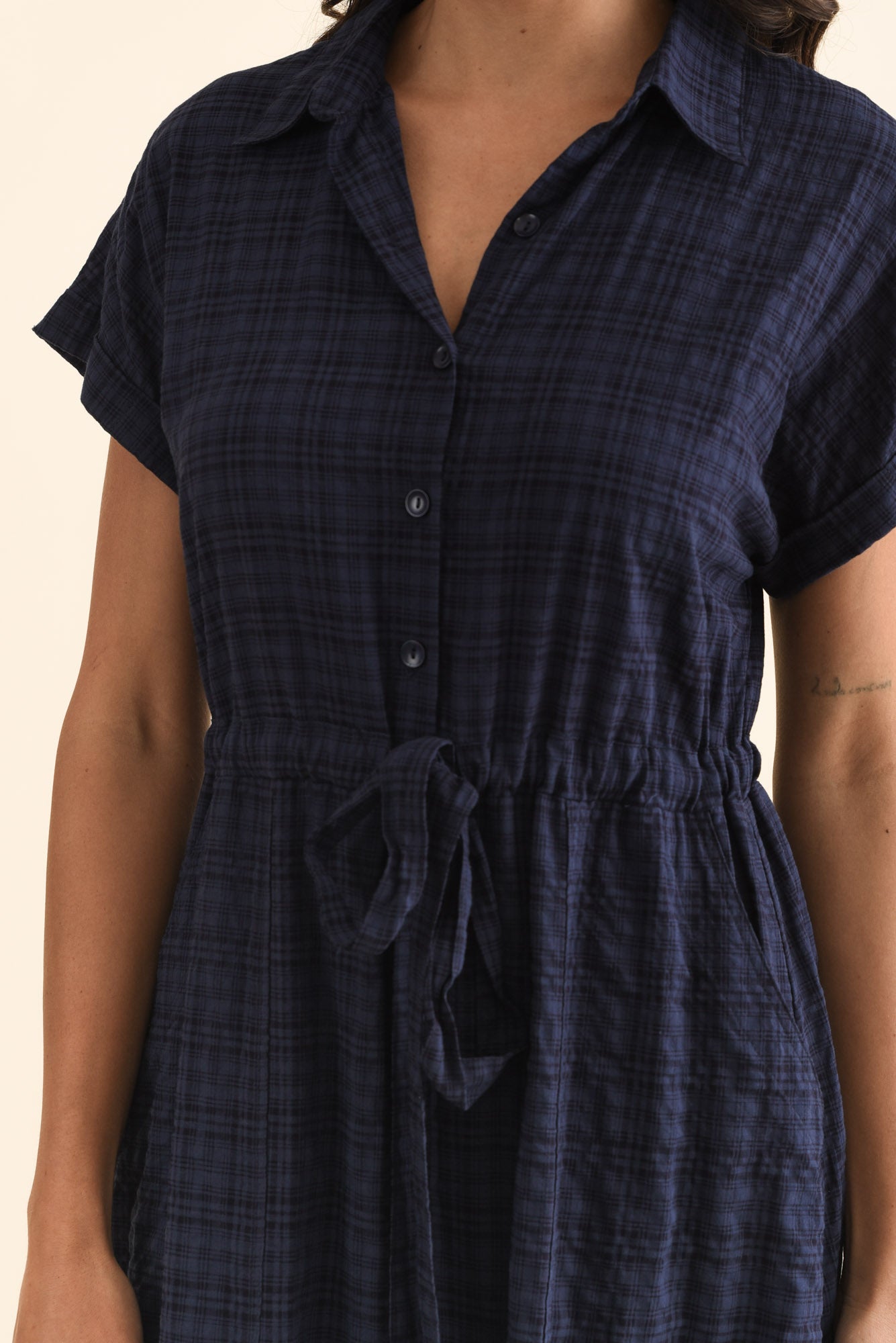 Brydie Navy Check Cotton Blend Dress