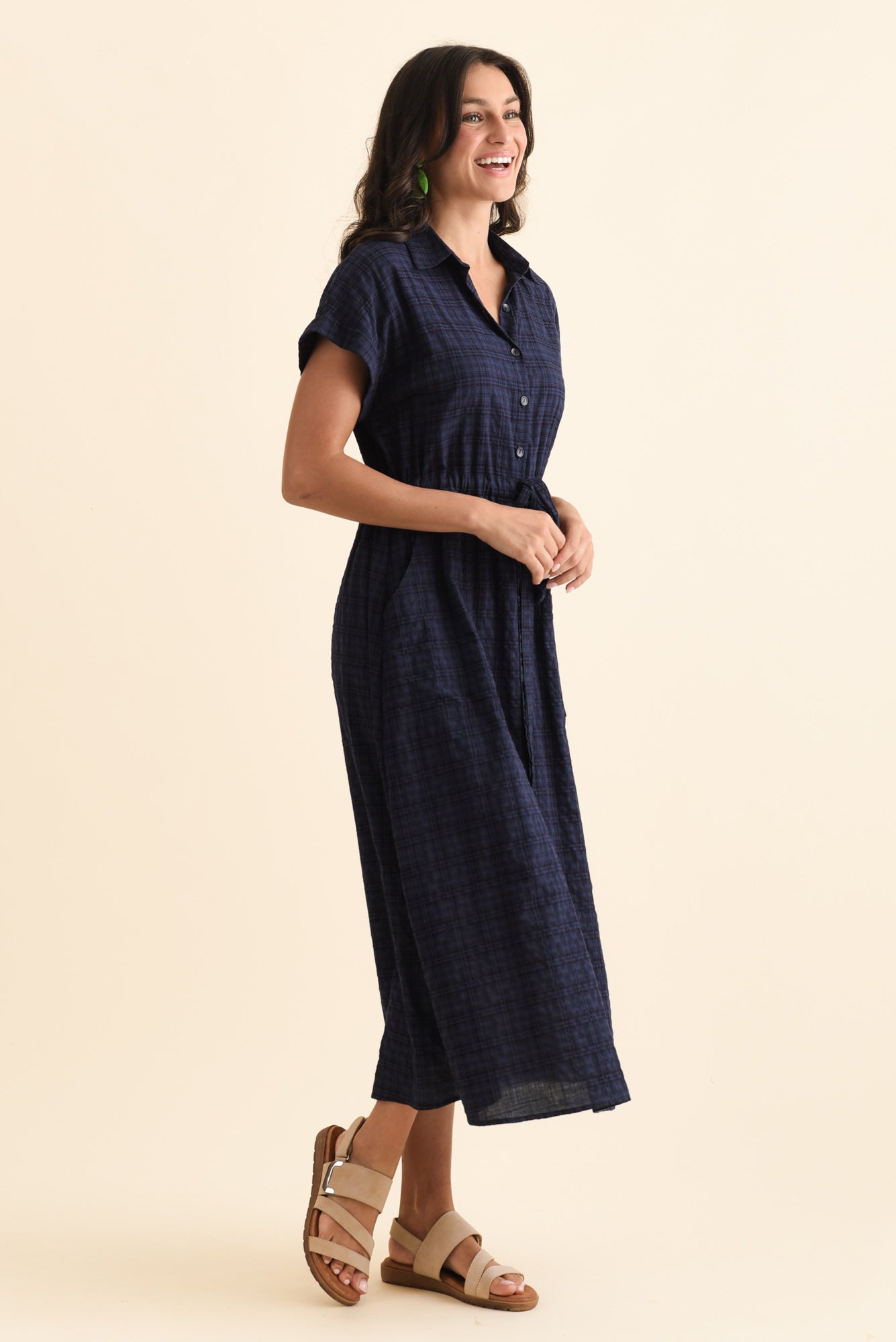 Brydie Navy Check Cotton Blend Dress
