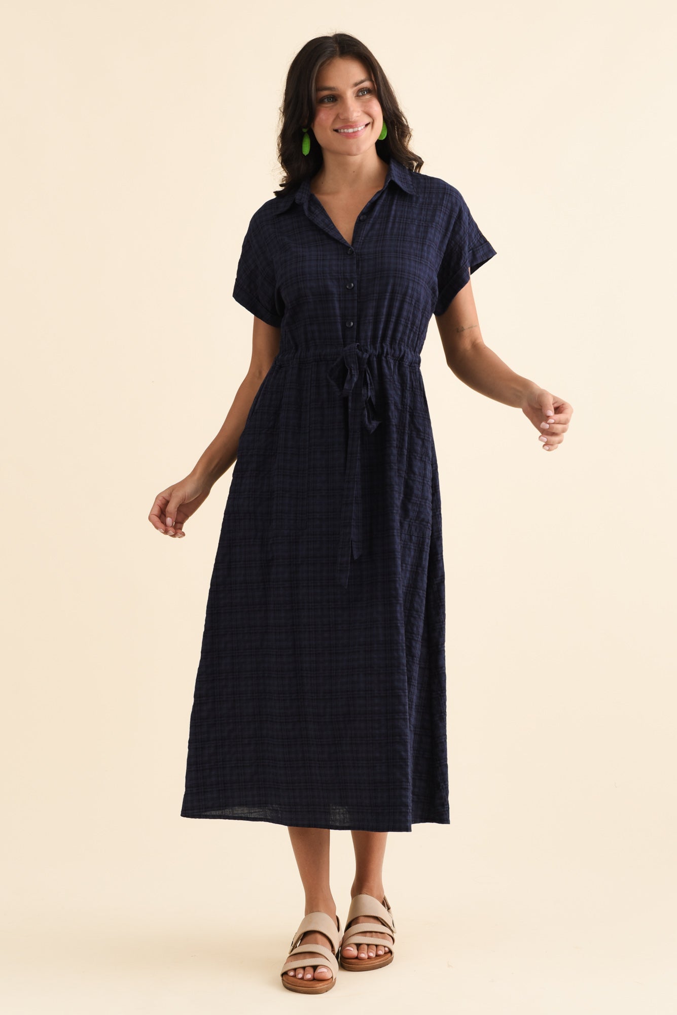 Brydie Navy Check Cotton Blend Dress