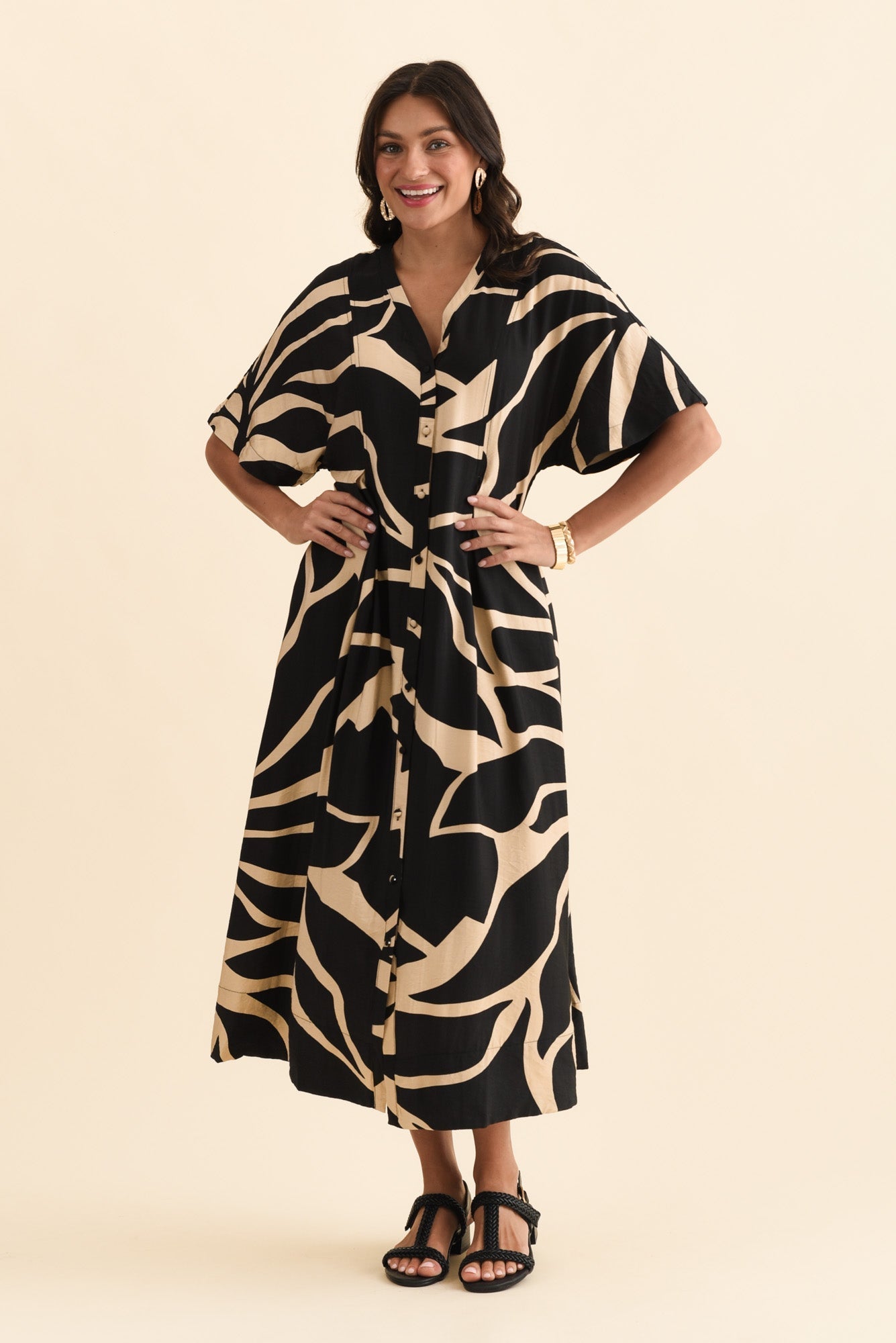 Camille Black Abstract Button Dress