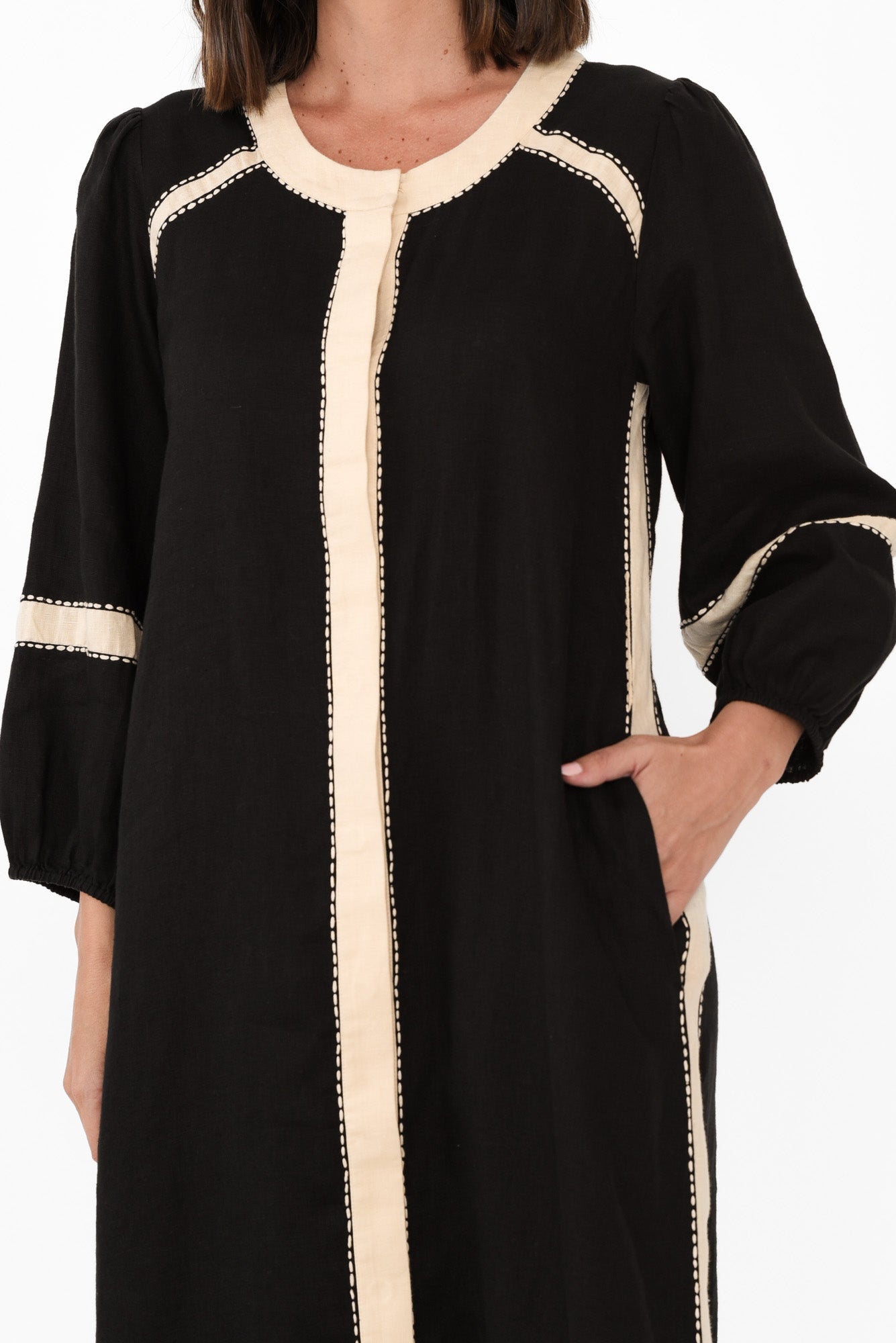 Carolina Black Contrast Linen Tie Dress