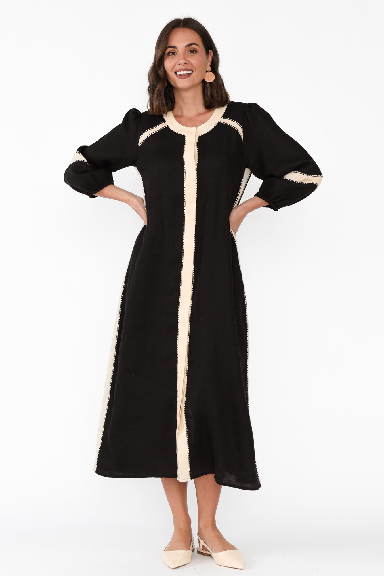 Carolina Black Contrast Linen Tie Dress