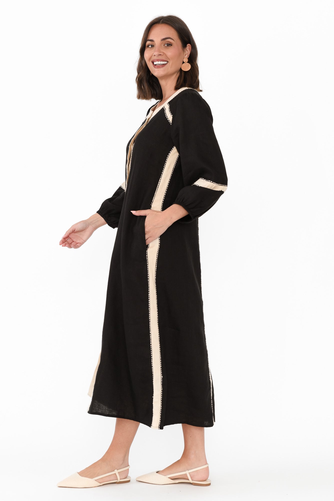 Carolina Black Contrast Linen Tie Dress