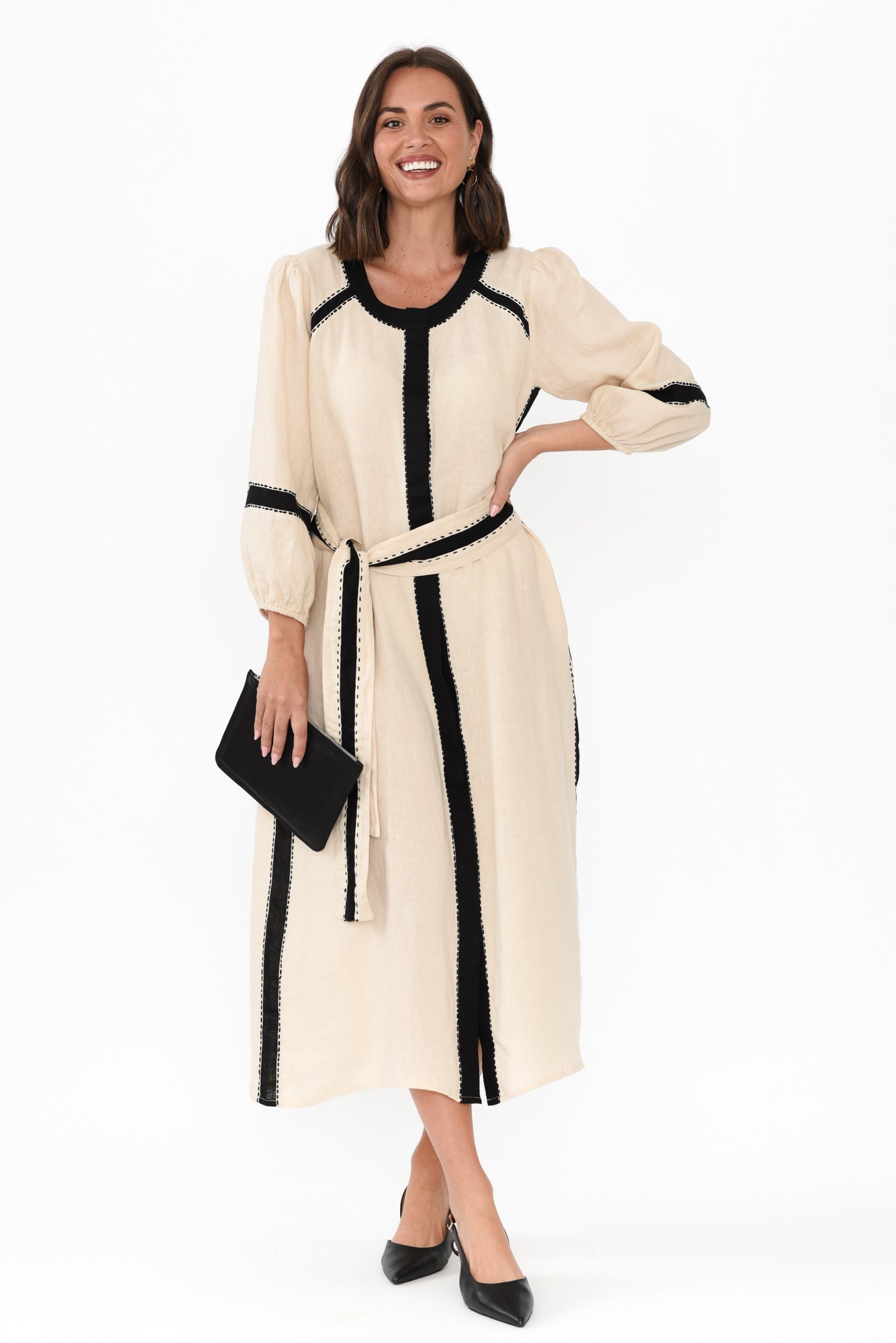 Carolina Cream Contrast Linen Tie Dress