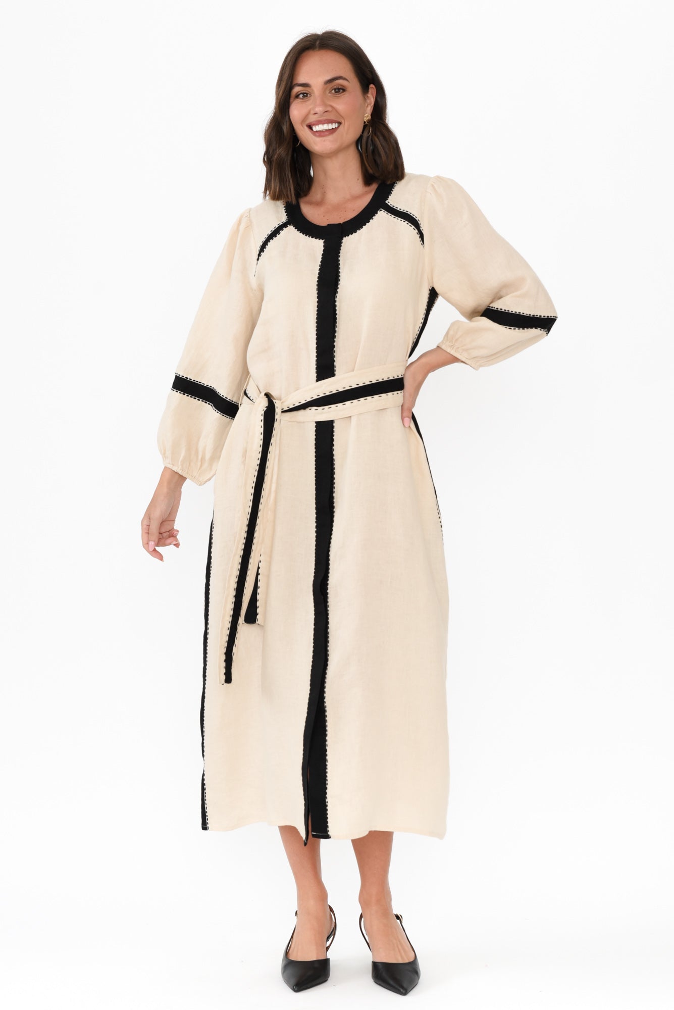 Carolina Cream Contrast Linen Tie Dress