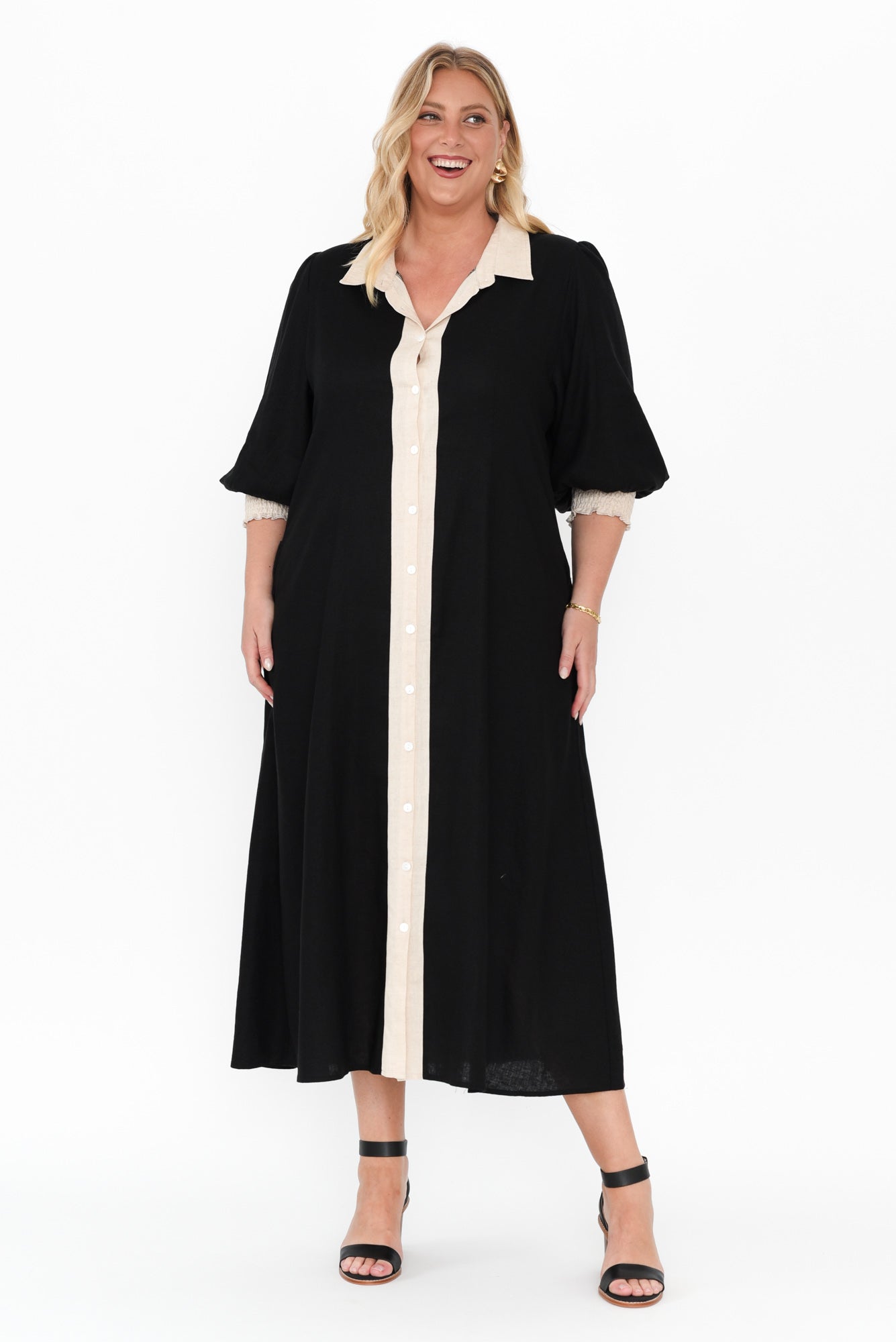 Catalina Black Trim Linen Blend Tie Dress