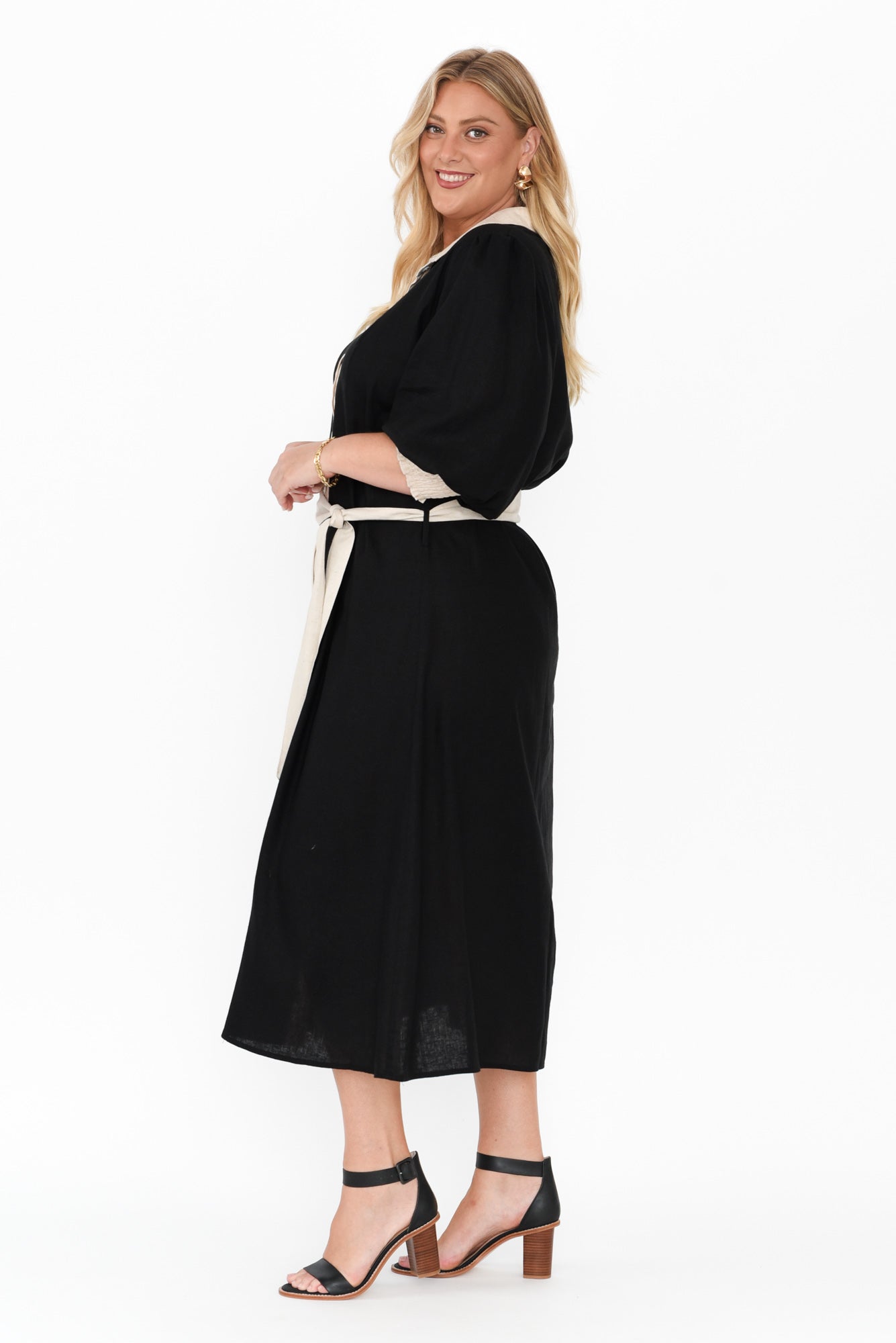 Catalina Black Trim Linen Blend Tie Dress