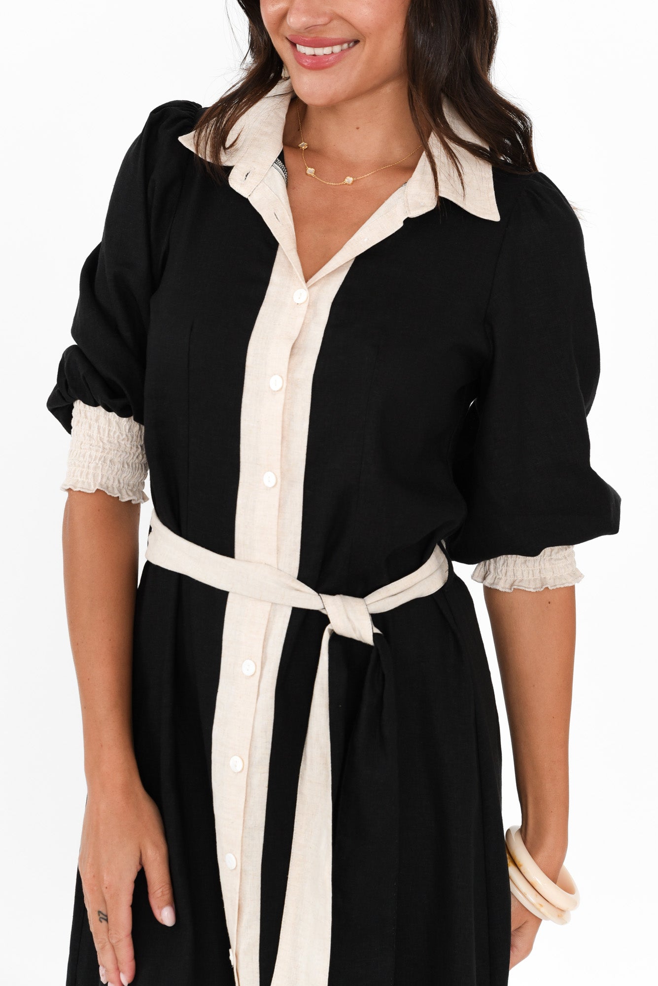 Catalina Black Trim Linen Blend Tie Dress